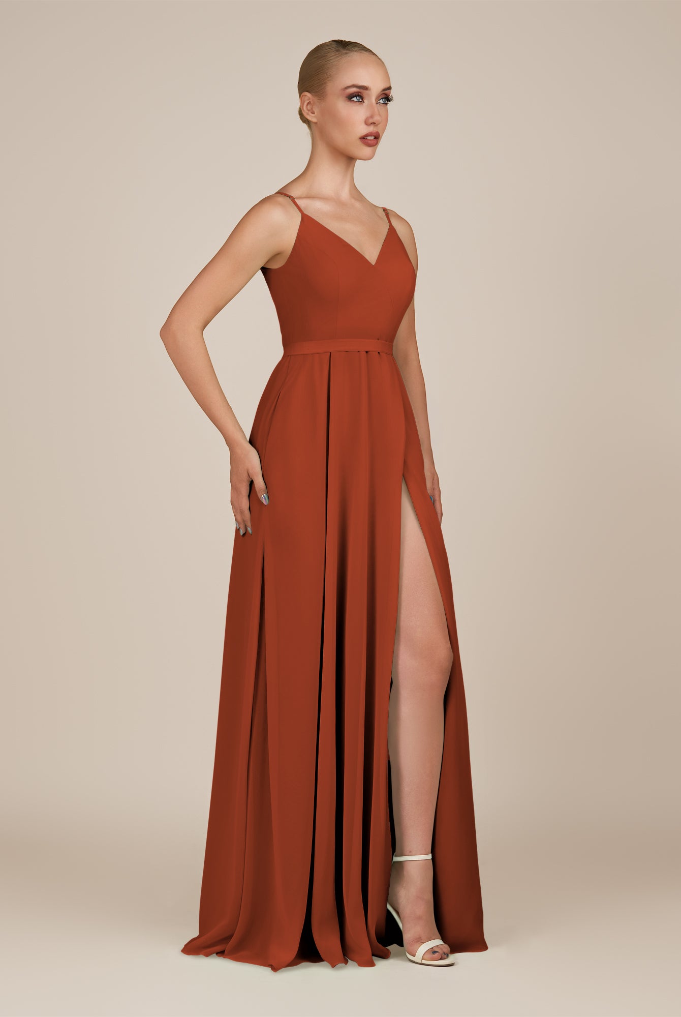 KissDress-Glenys Spice A Line V Neck Long Bridesmaid Dress with Slit