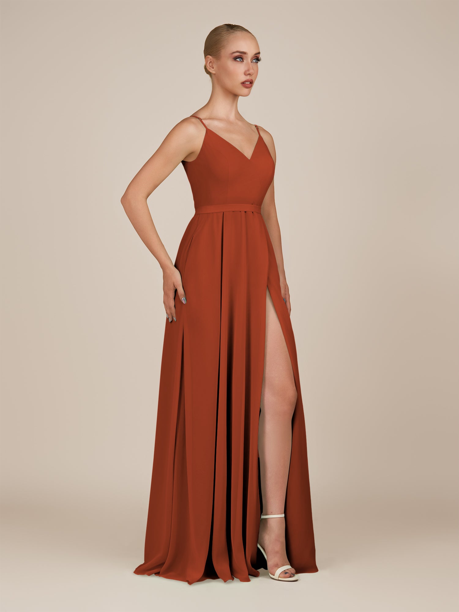 KissDress-Glenys Spice A Line V Neck Long Bridesmaid Dress with Slit