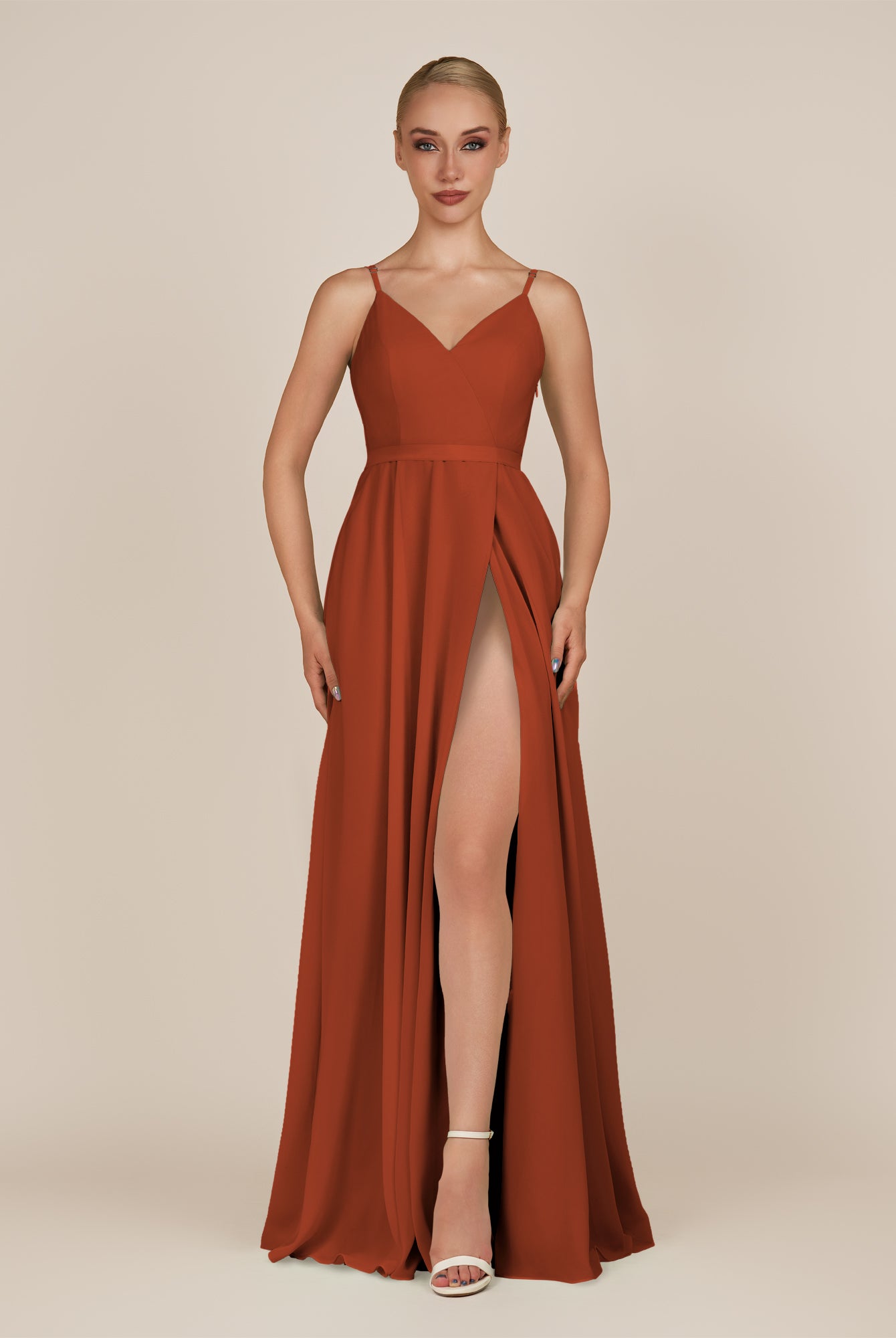 KissDress-Glenys Spice A Line V Neck Long Bridesmaid Dress with Slit