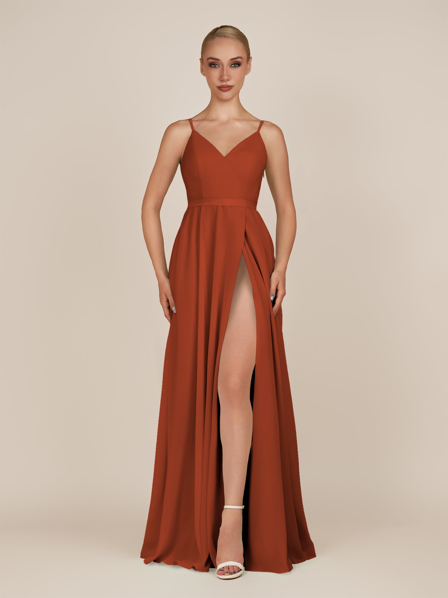 KissDress-Glenys Spice A Line V Neck Long Bridesmaid Dress with Slit