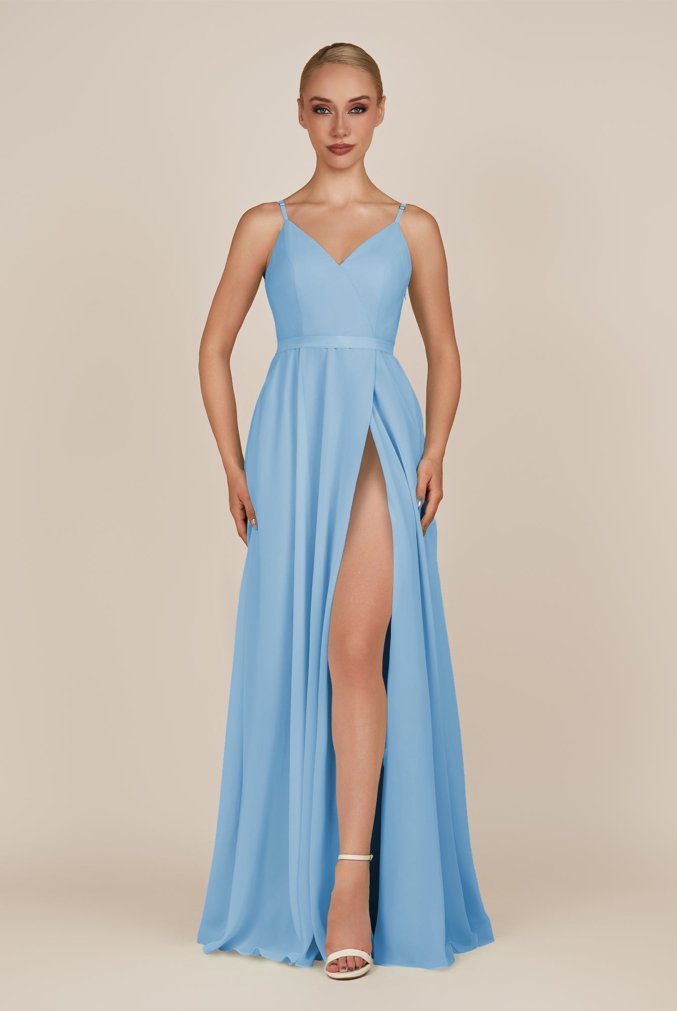 KissDress-Glenys Steel Blue A Line V Neck Long Bridesmaid Dress with Slit