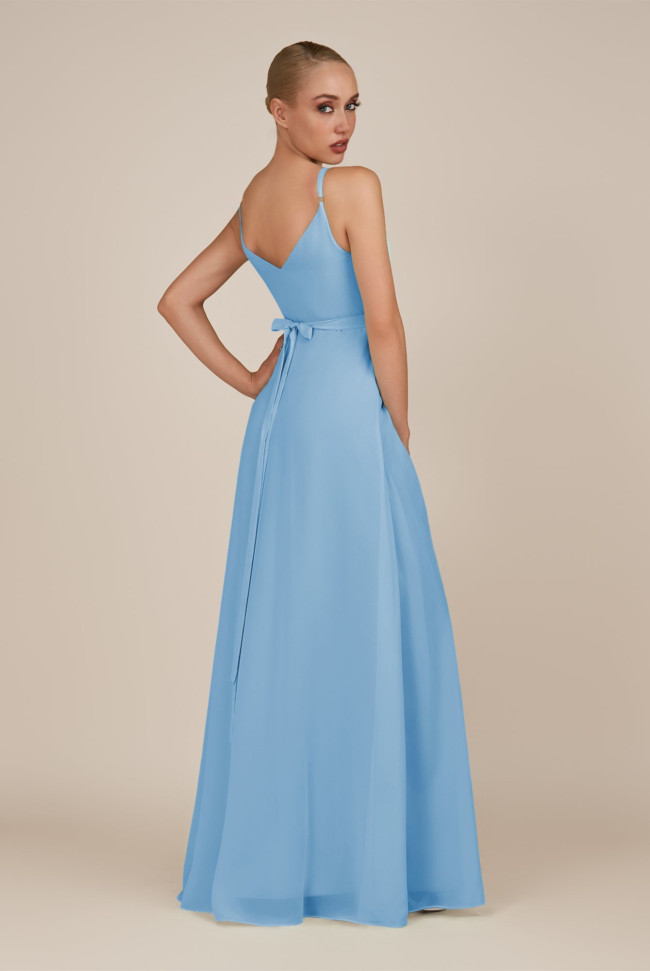 KissDress-Glenys Steel Blue A Line V Neck Long Bridesmaid Dress with Slit