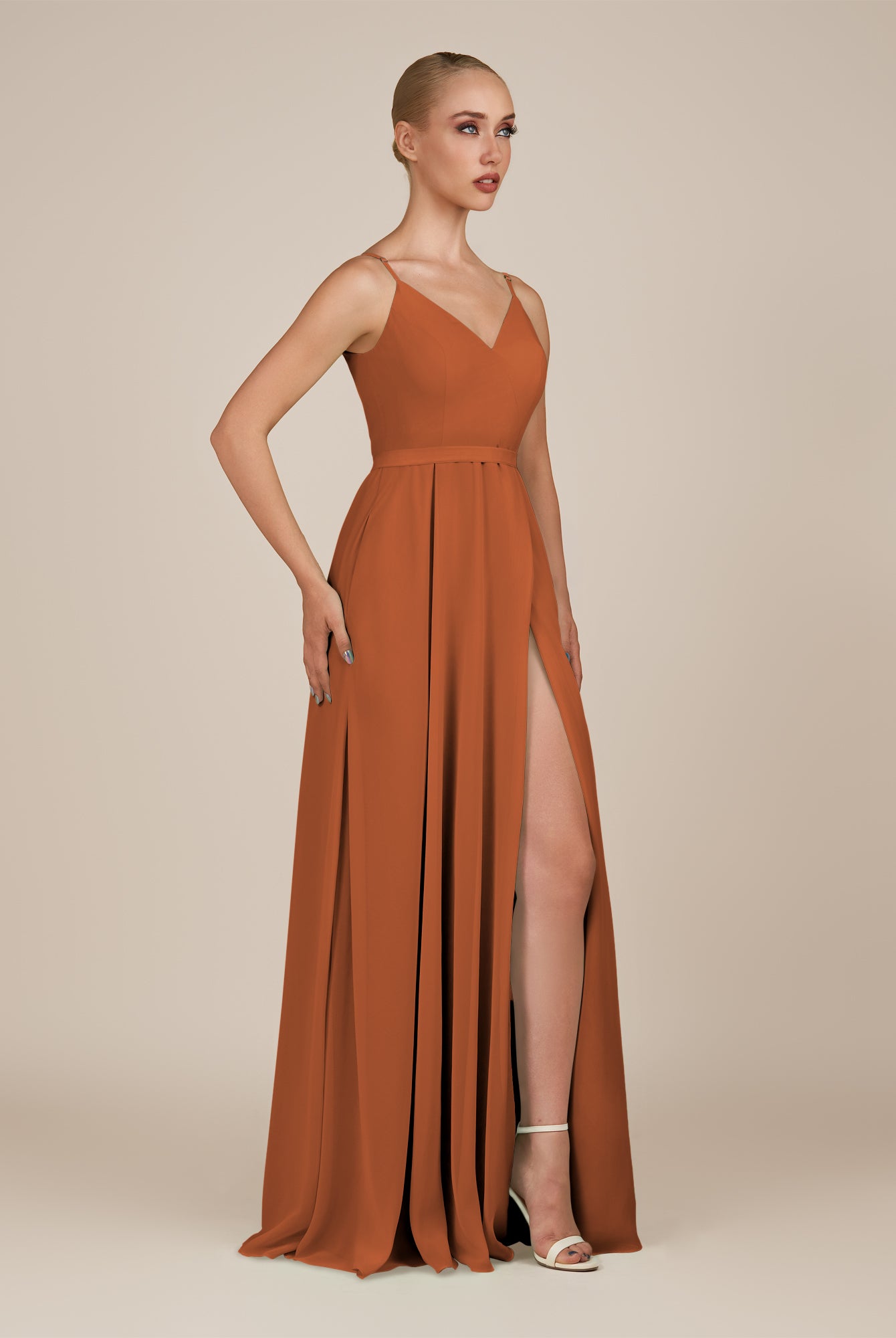 KissDress-Glenys Terracotta A Line V Neck Long Bridesmaid Dress with Slit