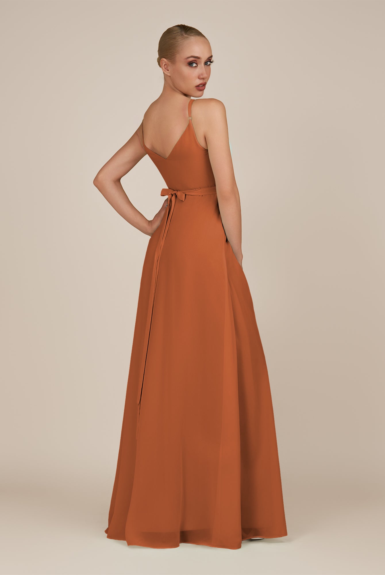 KissDress-Glenys Terracotta A Line V Neck Long Bridesmaid Dress with Slit