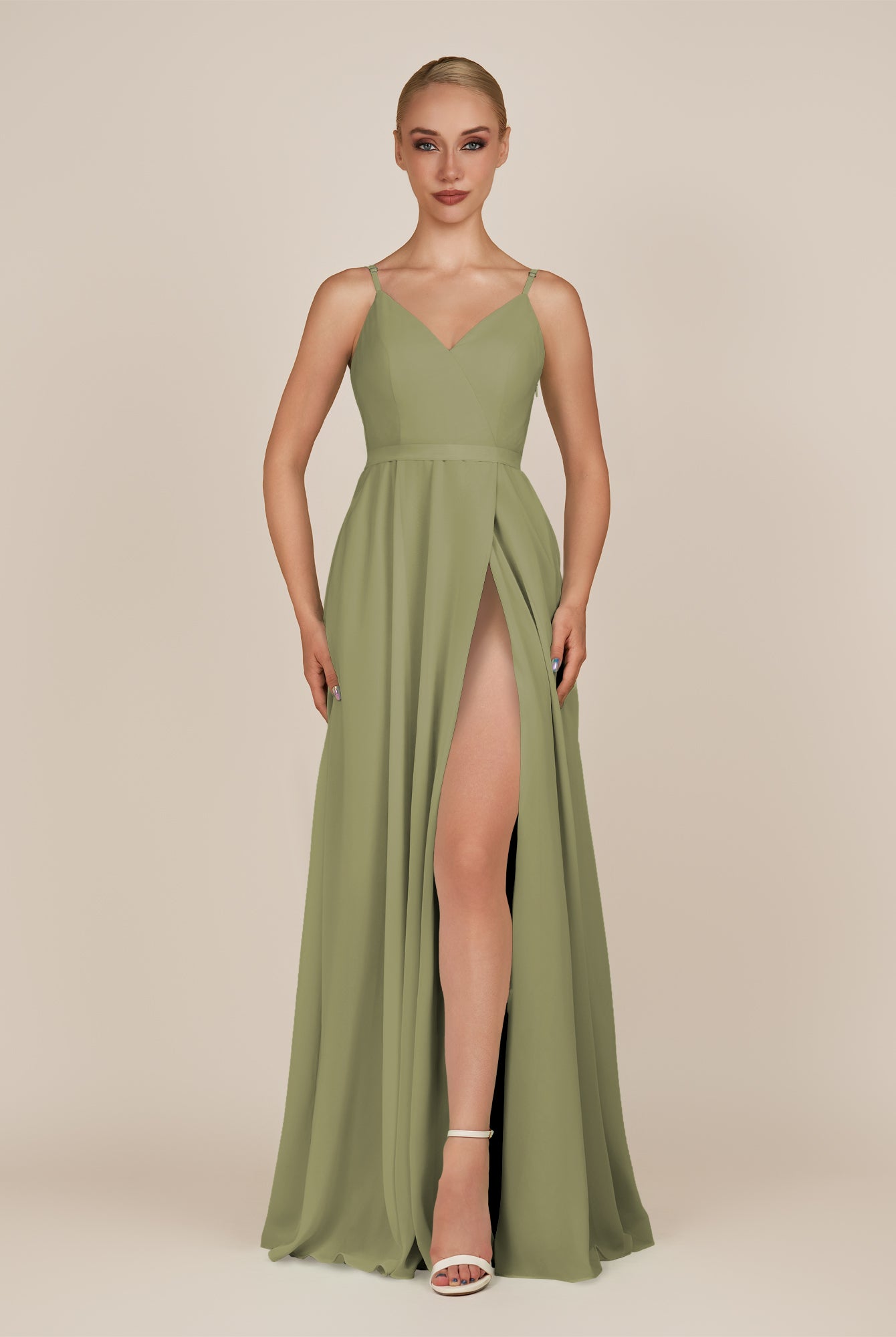 KissDress-Glenys Thyme A Line V Neck Long Bridesmaid Dress with Slit