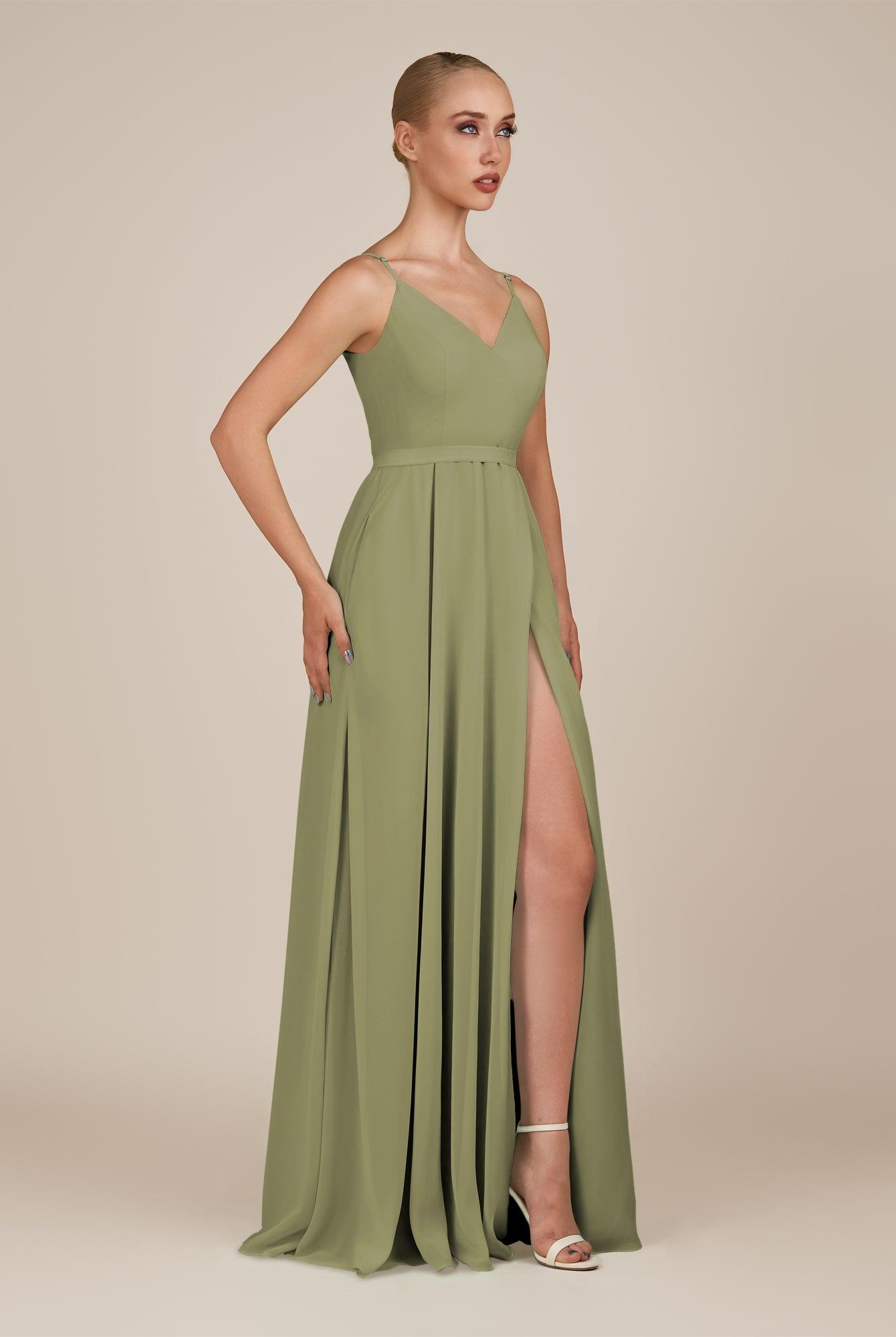 KissDress-Glenys Thyme A Line V Neck Long Bridesmaid Dress with Slit