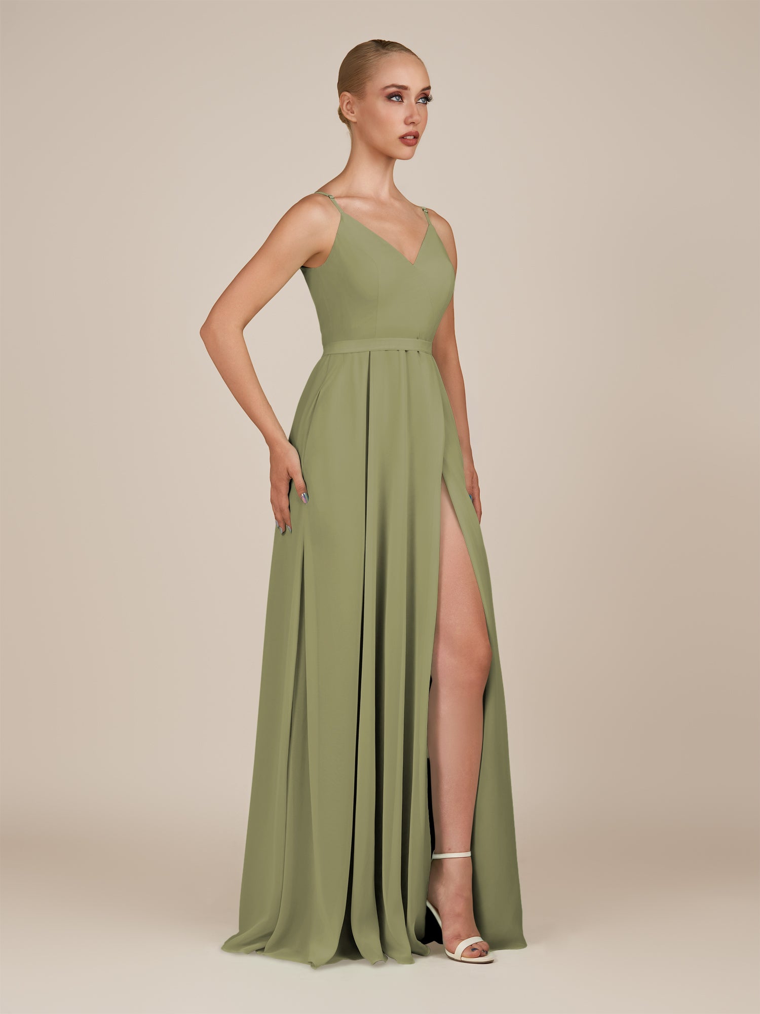 KissDress-Glenys Thyme A Line V Neck Long Bridesmaid Dress with Slit