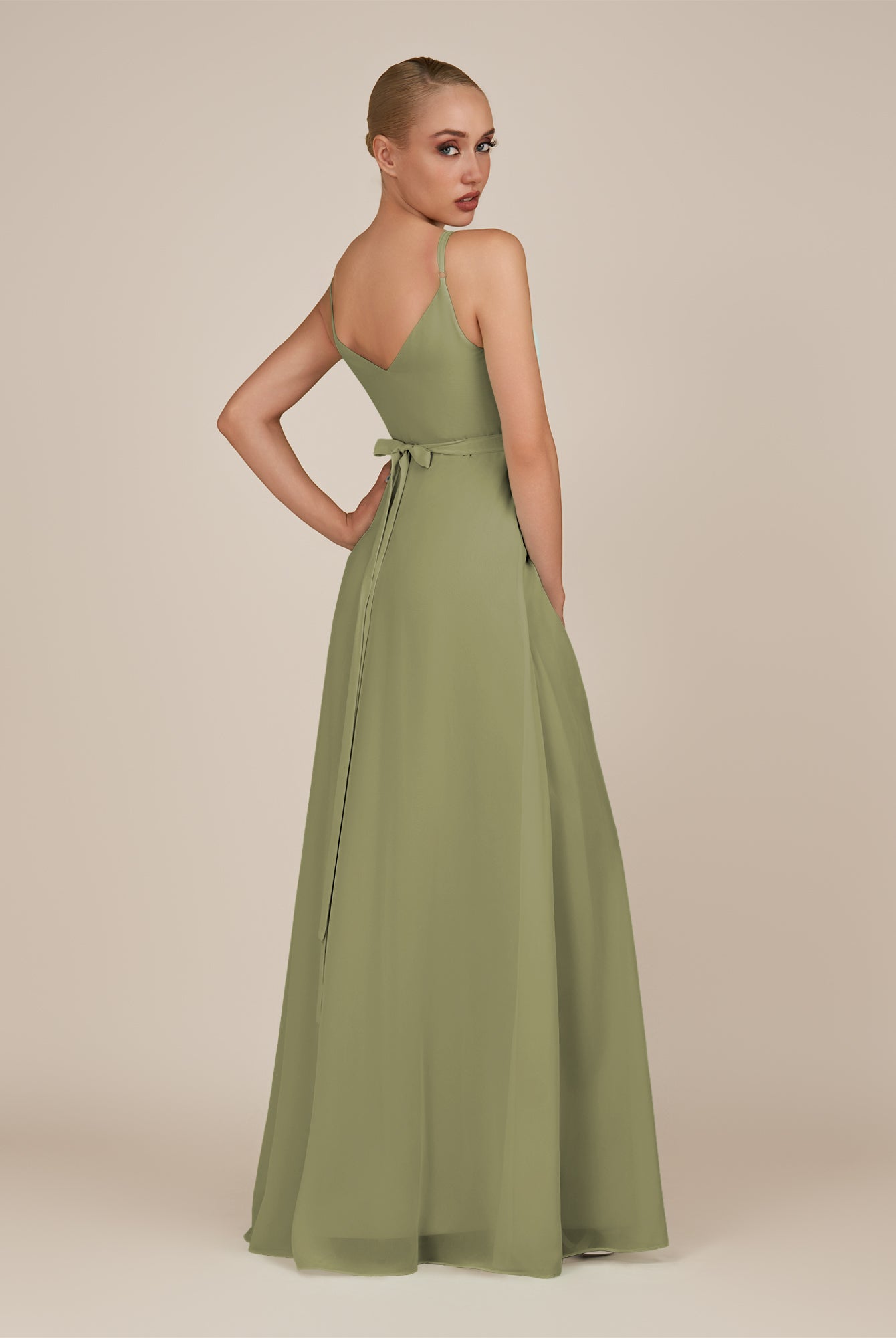 KissDress-Glenys Thyme A Line V Neck Long Bridesmaid Dress with Slit