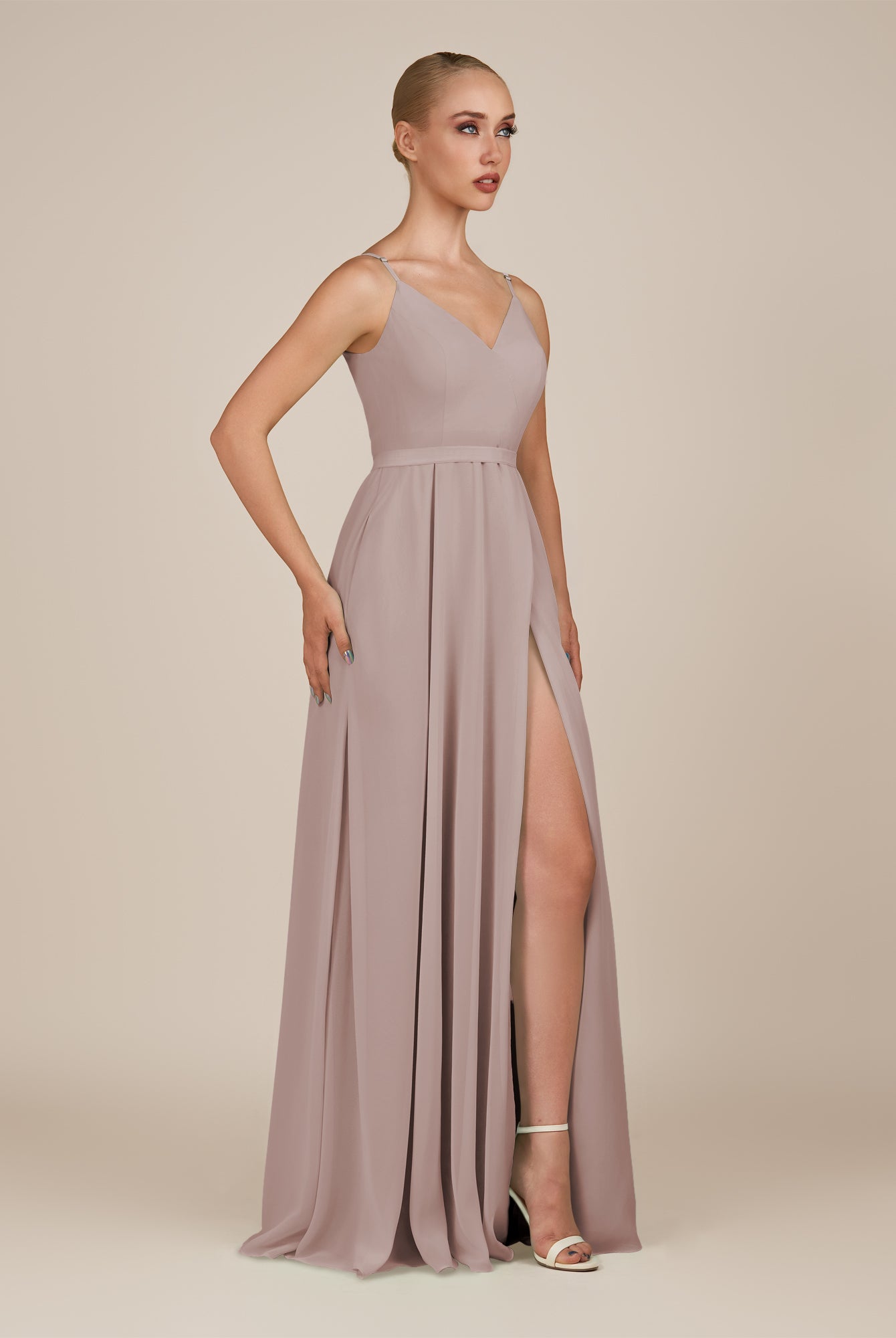 KissDress-Glenys Toffee A Line V Neck Long Bridesmaid Dress with Slit