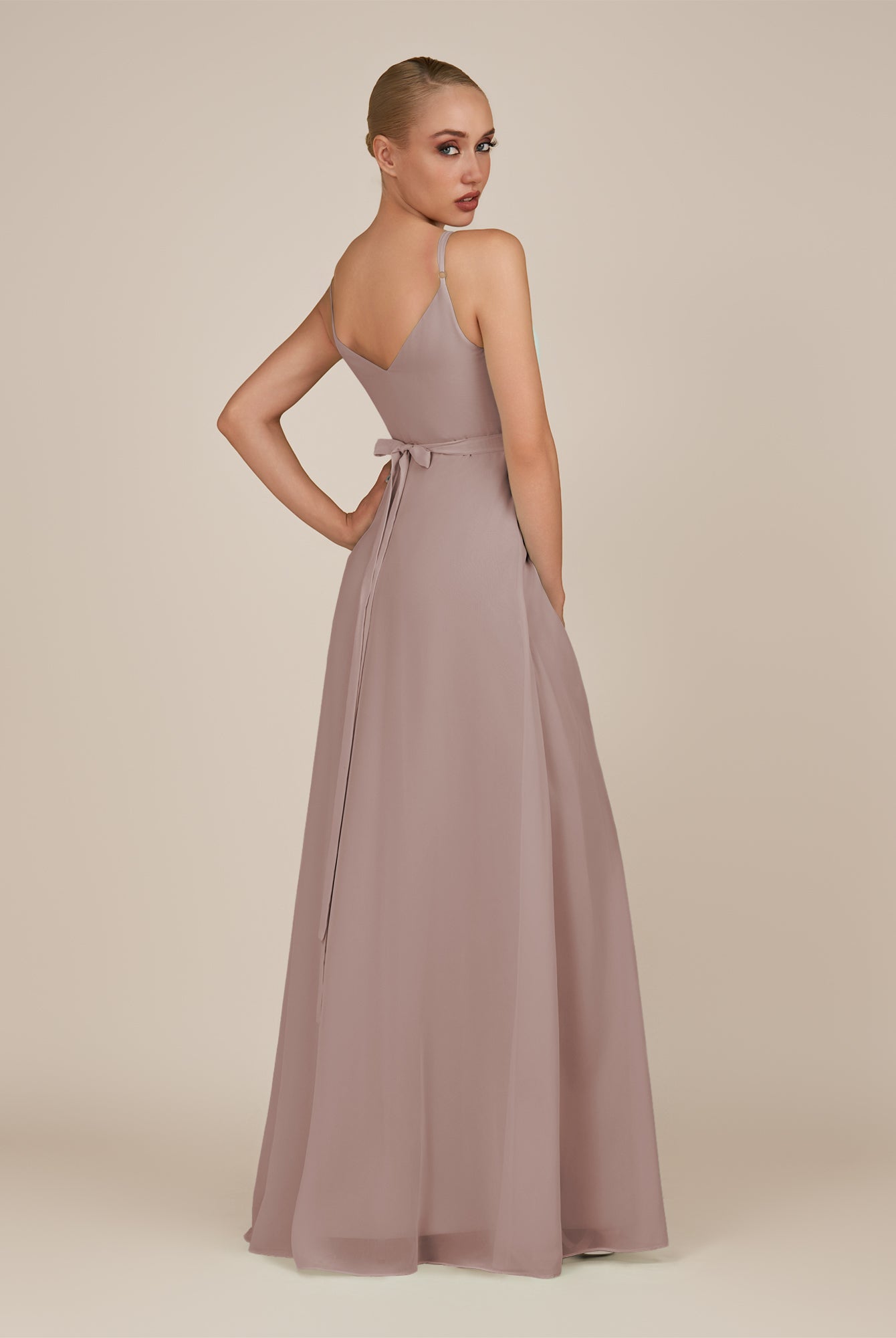 KissDress-Glenys Toffee A Line V Neck Long Bridesmaid Dress with Slit