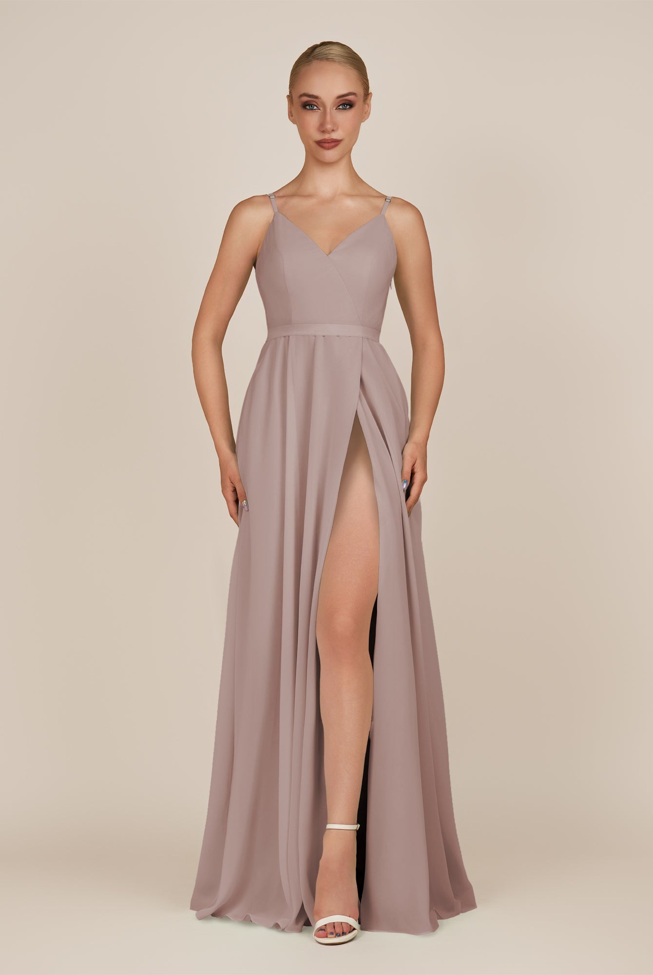 KissDress-Glenys Toffee A Line V Neck Long Bridesmaid Dress with Slit