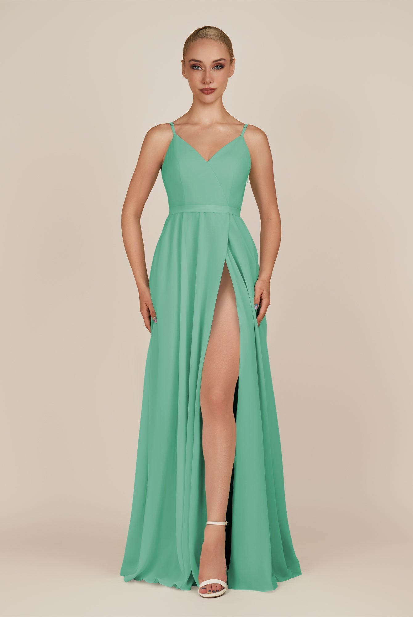 KissDress-Glenys Turquoise A Line V Neck Long Bridesmaid Dress with Slit