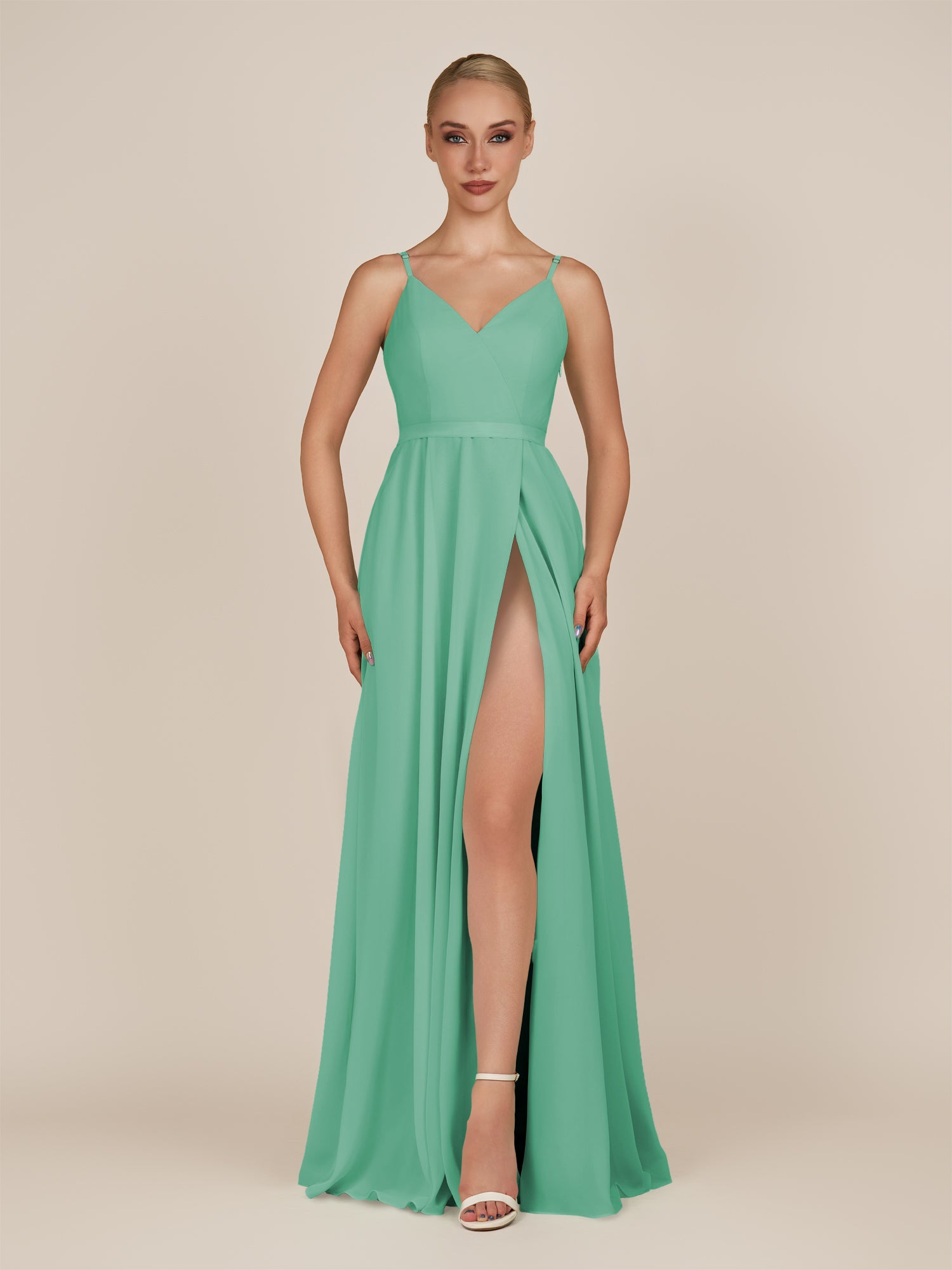 KissDress-Glenys Turquoise A Line V Neck Long Bridesmaid Dress with Slit