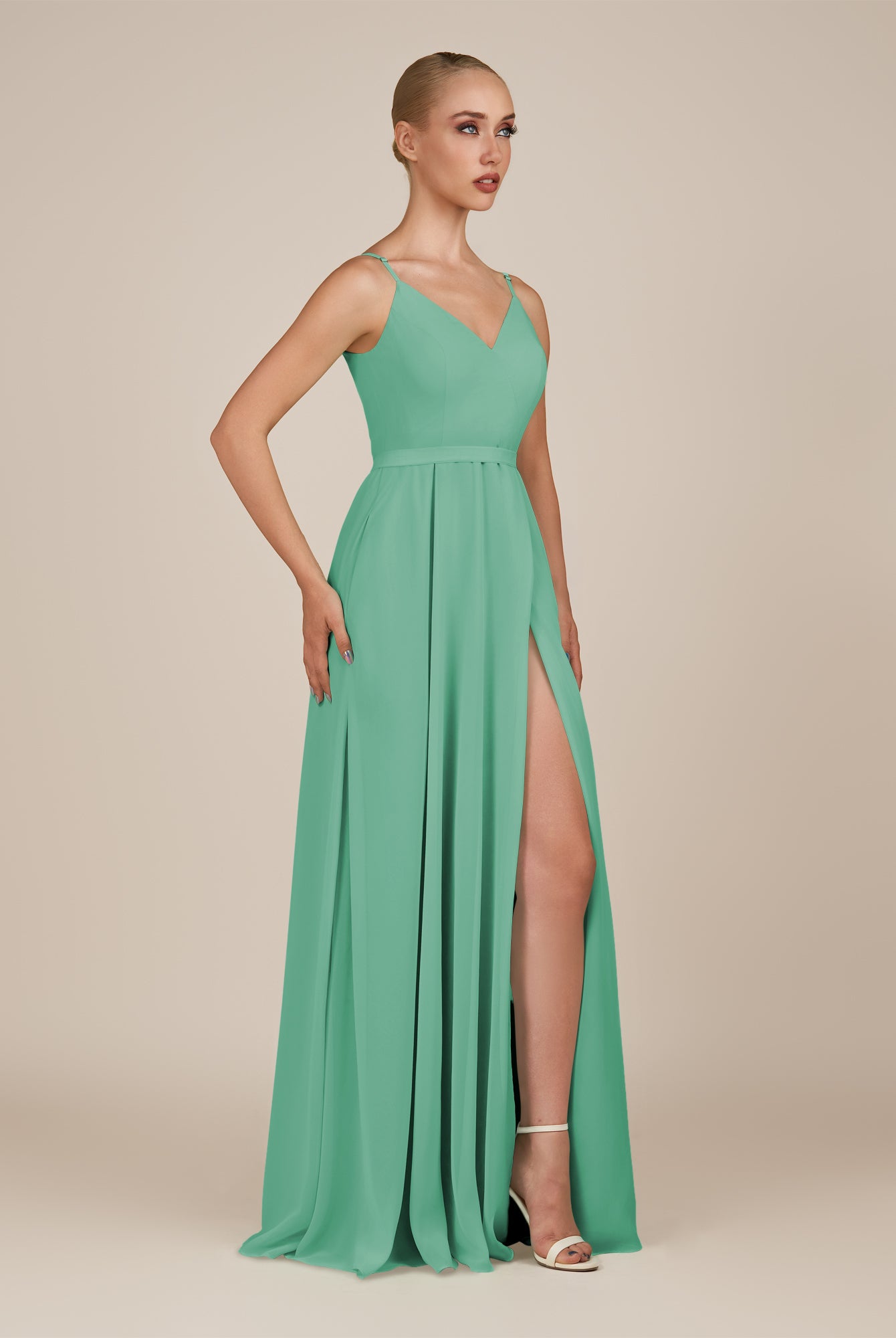 KissDress-Glenys Turquoise A Line V Neck Long Bridesmaid Dress with Slit
