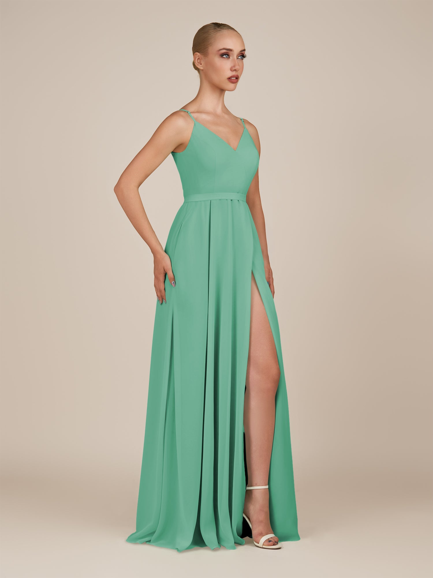 KissDress-Glenys Turquoise A Line V Neck Long Bridesmaid Dress with Slit