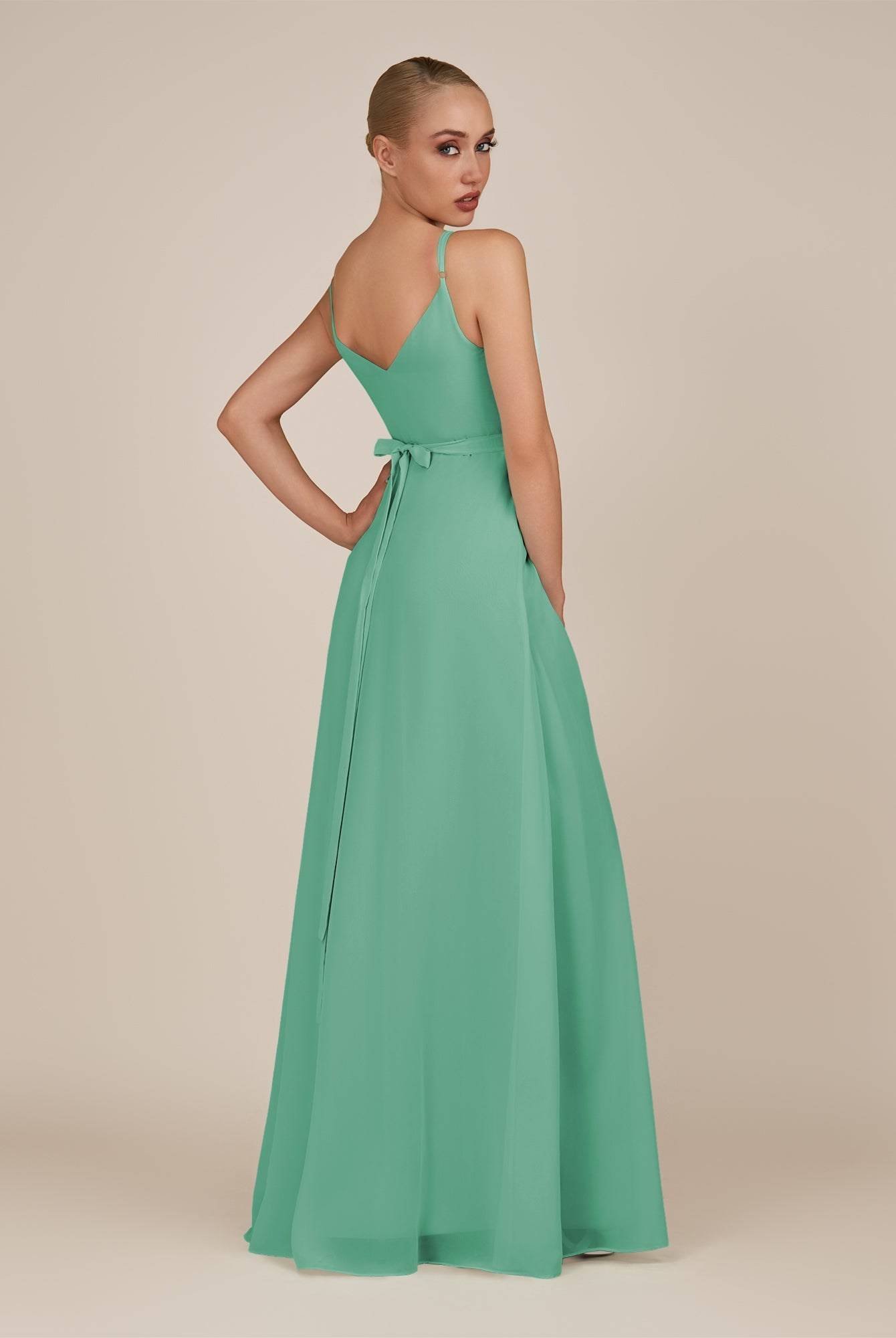 KissDress-Glenys Turquoise A Line V Neck Long Bridesmaid Dress with Slit