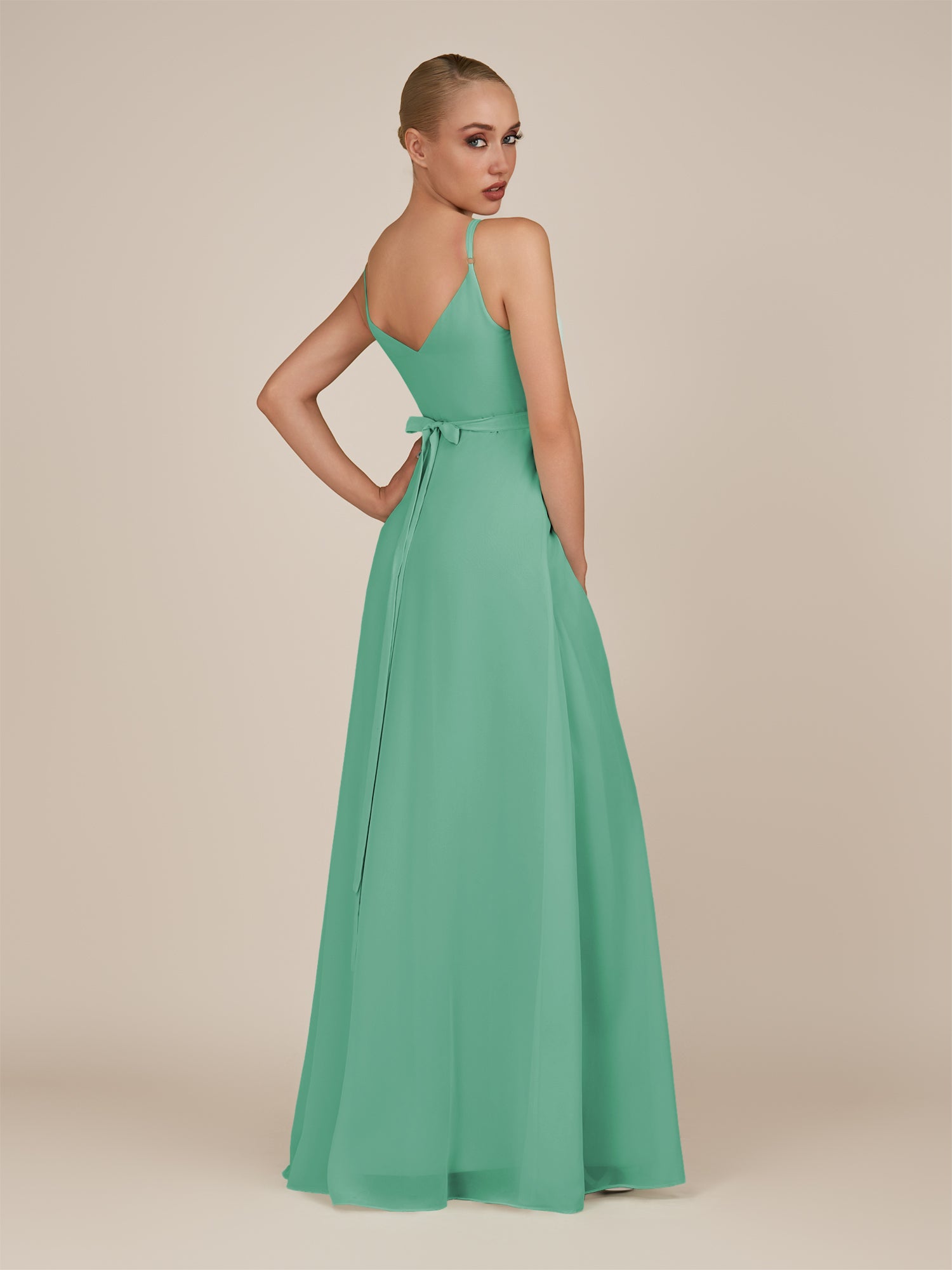 KissDress-Glenys Turquoise A Line V Neck Long Bridesmaid Dress with Slit
