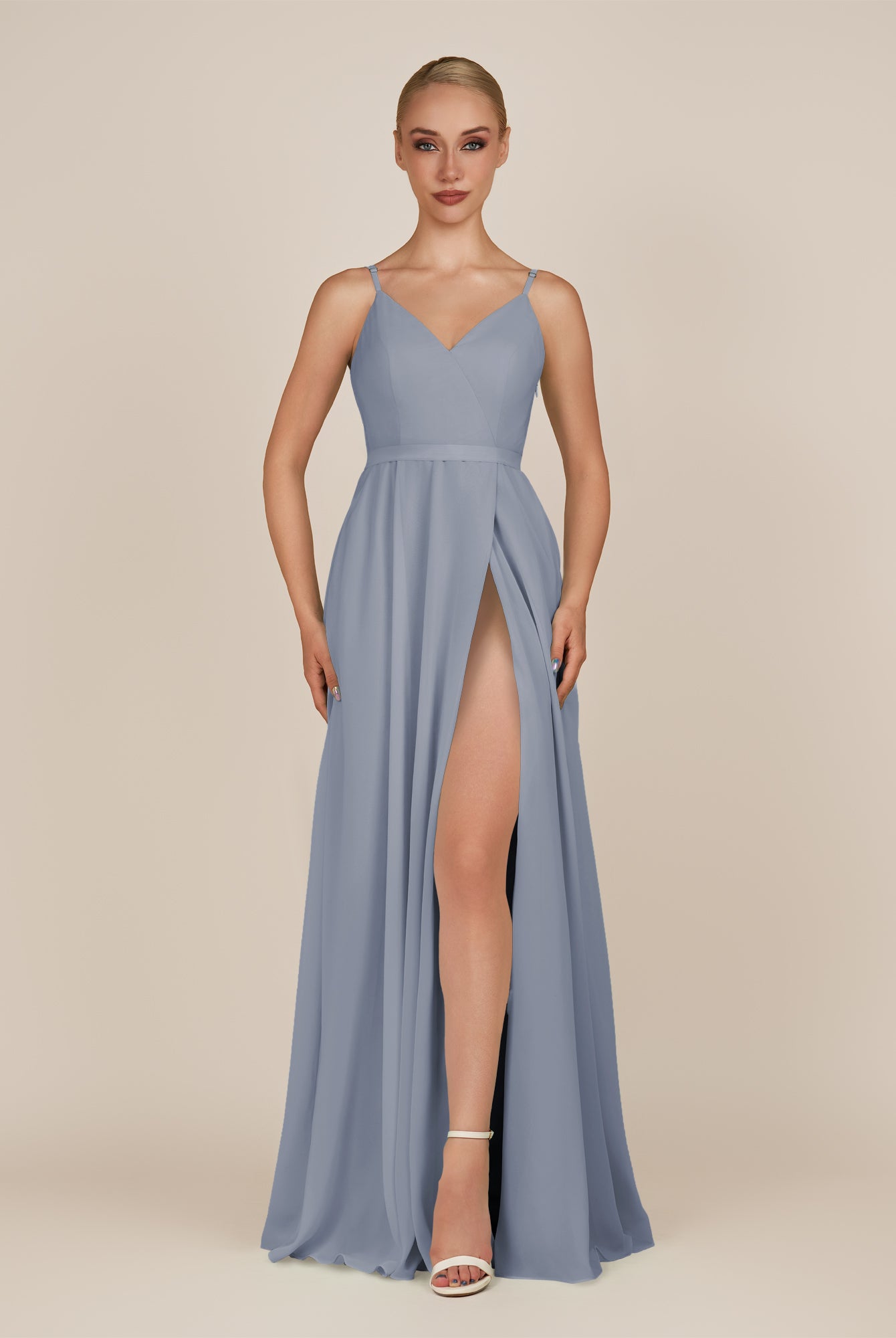 KissDress-Glenys Twilight A Line V Neck Long Bridesmaid Dress with Slit