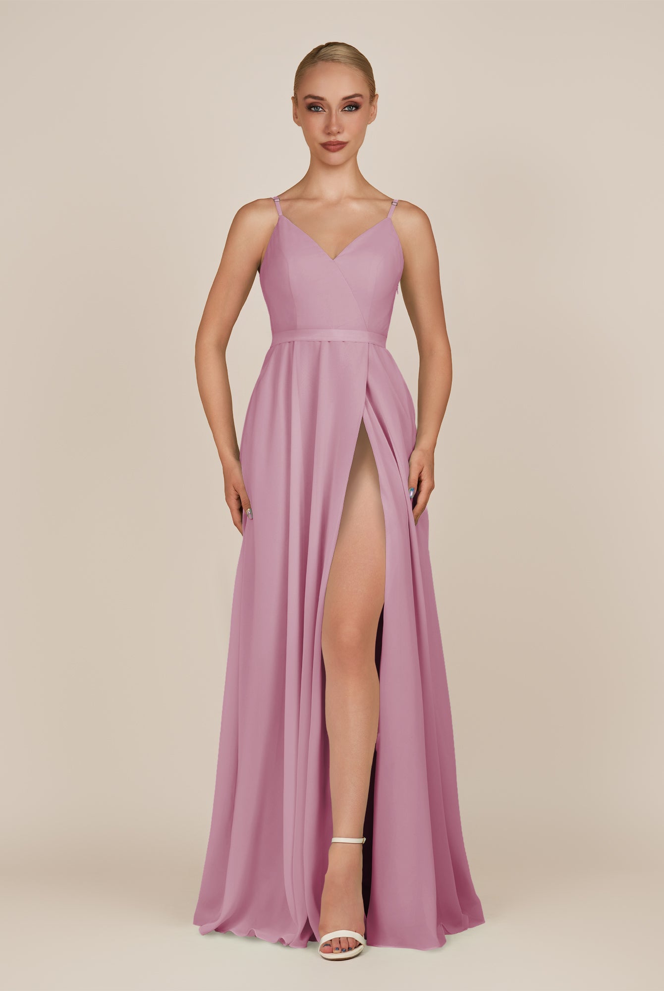 KissDress-Glenys Vintage Mauve A Line V Neck Long Bridesmaid Dress with Slit