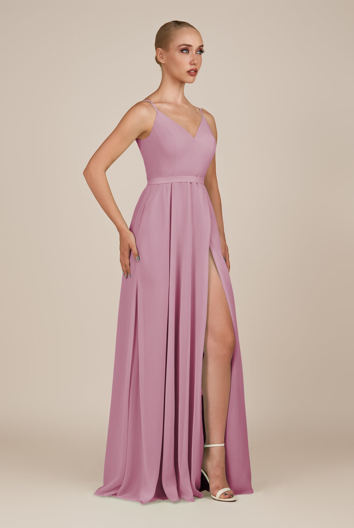 KissDress-Glenys Vintage Mauve A Line V Neck Long Bridesmaid Dress with Slit