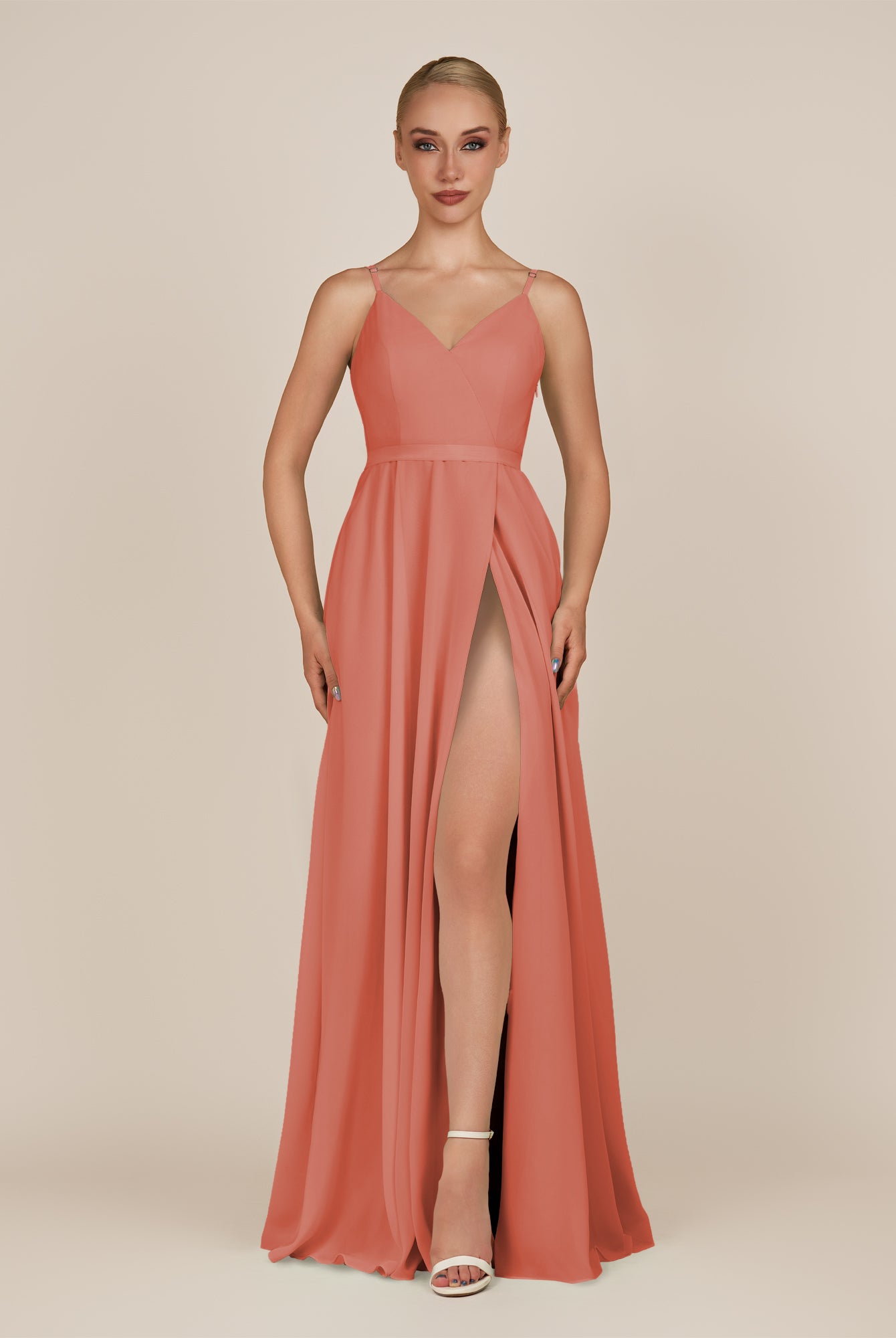 KissDress-Glenys Wild Rose A Line V Neck Long Bridesmaid Dress with Slit