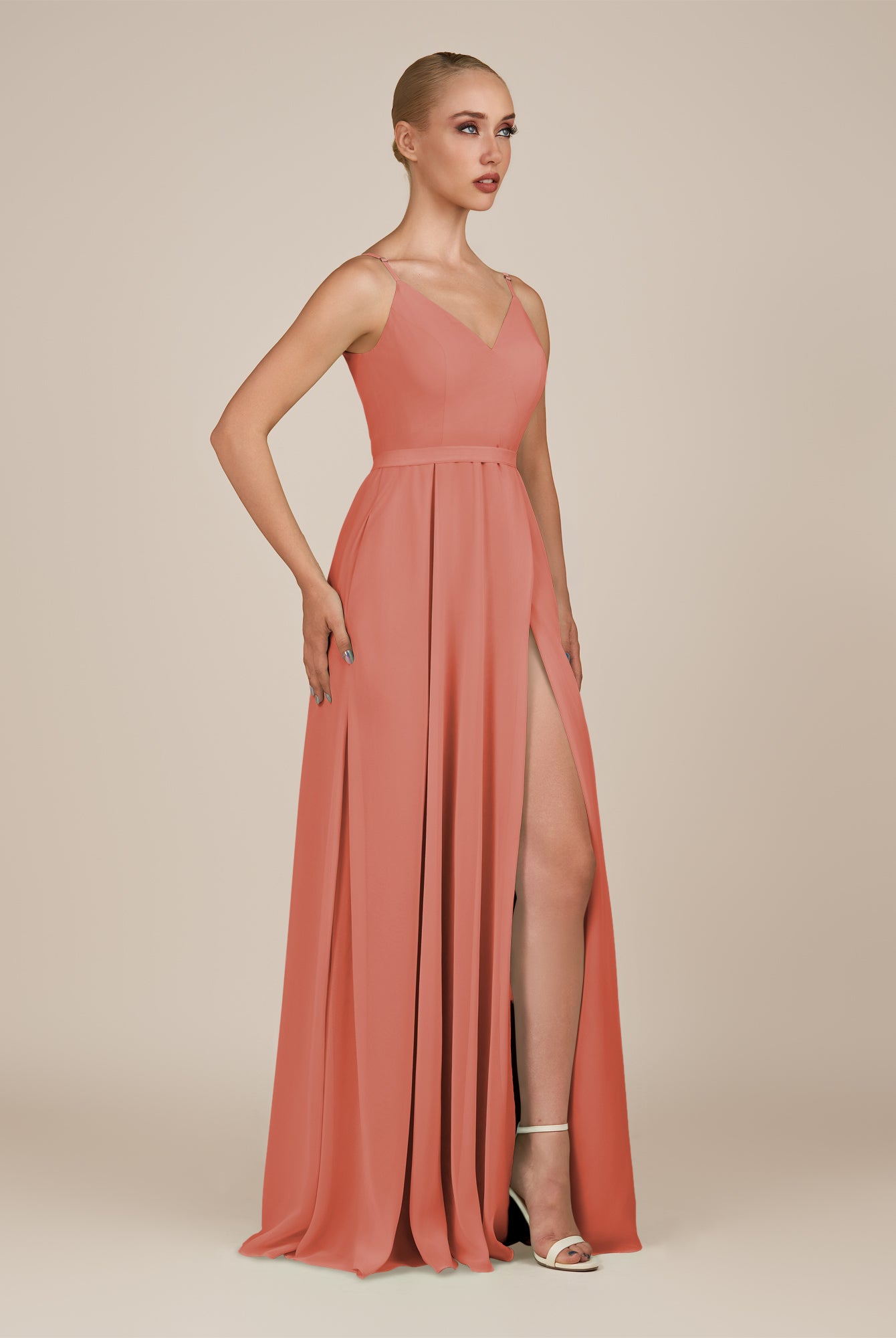 KissDress-Glenys Wild Rose A Line V Neck Long Bridesmaid Dress with Slit