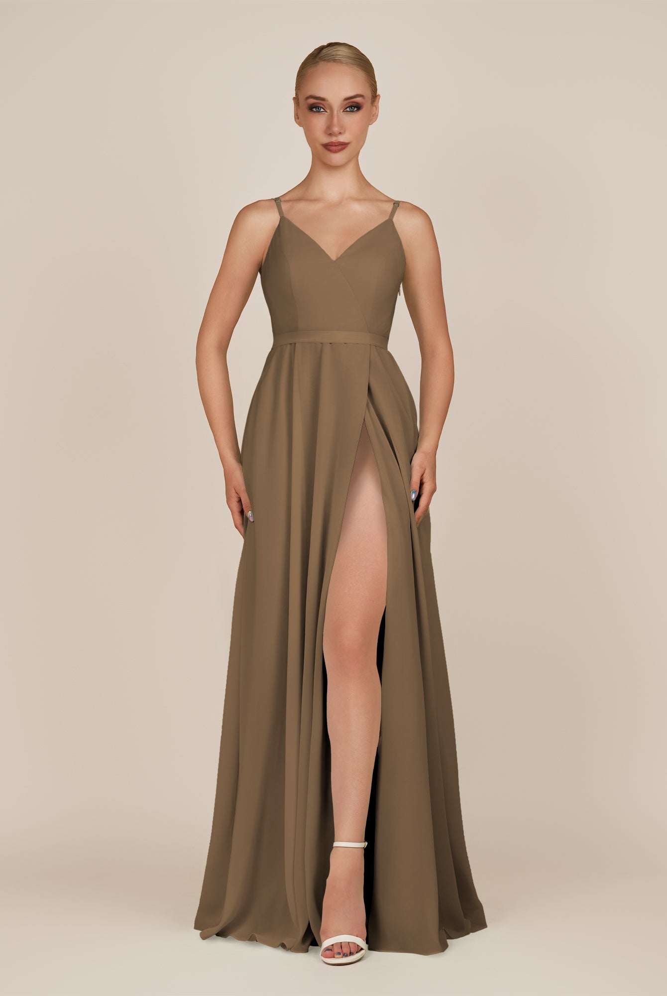 KissDress-Glenys Willow Green A Line V Neck Long Bridesmaid Dress with Slit