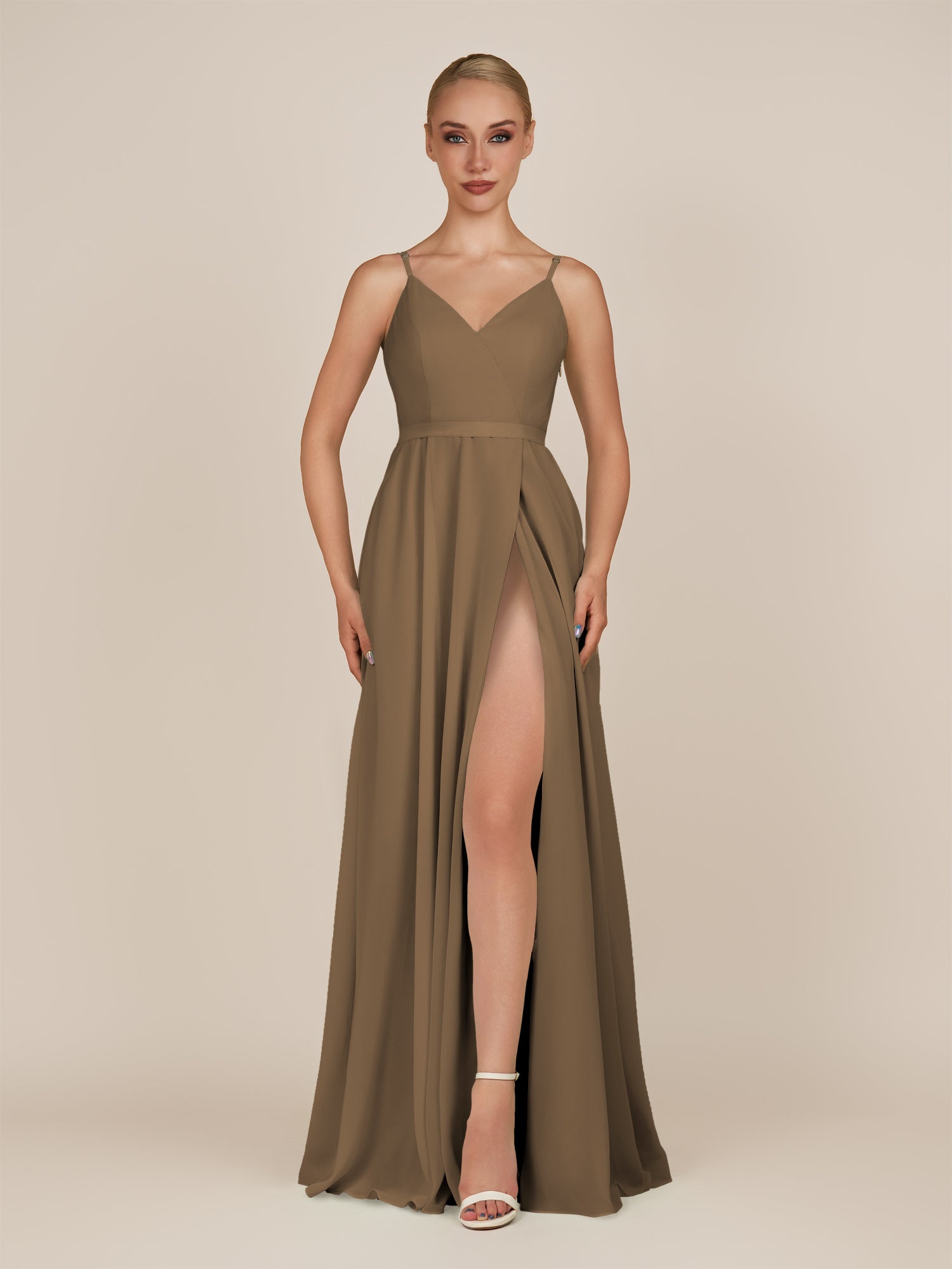 KissDress-Glenys Willow Green A Line V Neck Long Bridesmaid Dress with Slit