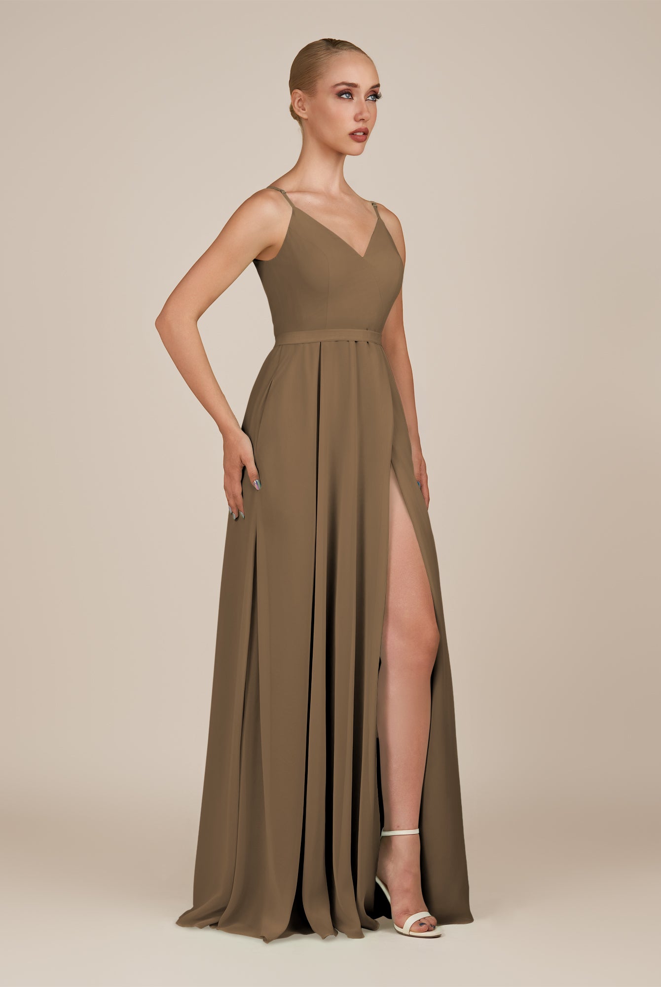 KissDress-Glenys Willow Green A Line V Neck Long Bridesmaid Dress with Slit