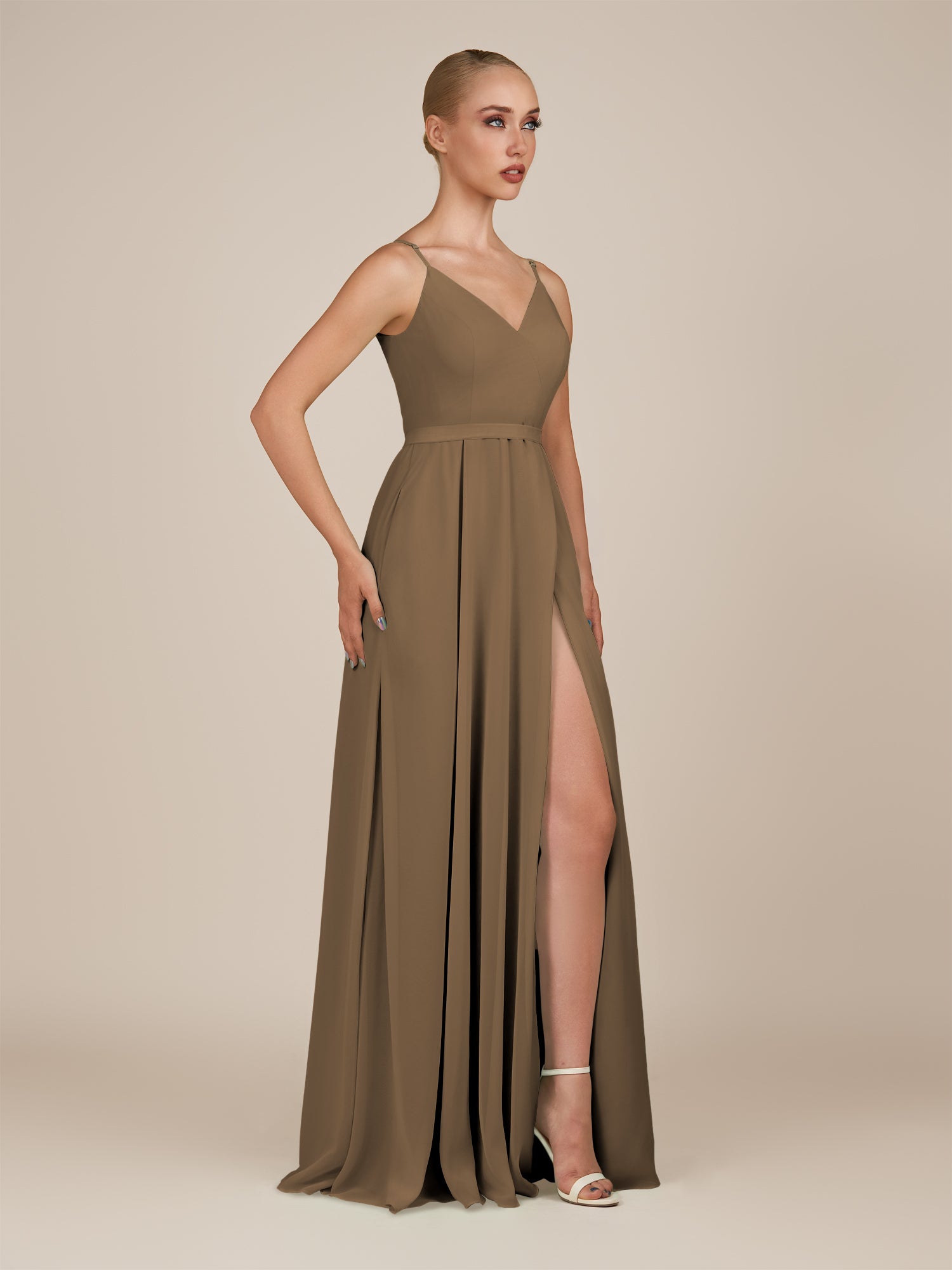 KissDress-Glenys Willow Green A Line V Neck Long Bridesmaid Dress with Slit