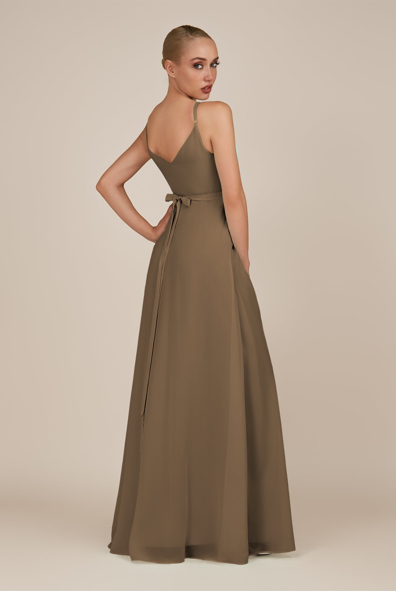KissDress-Glenys Willow Green A Line V Neck Long Bridesmaid Dress with Slit