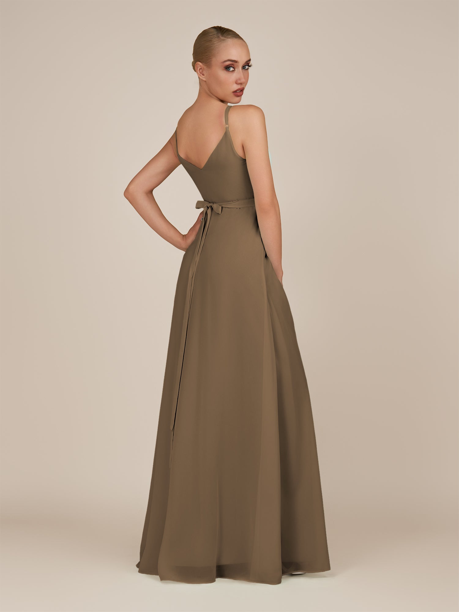 KissDress-Glenys Willow Green A Line V Neck Long Bridesmaid Dress with Slit