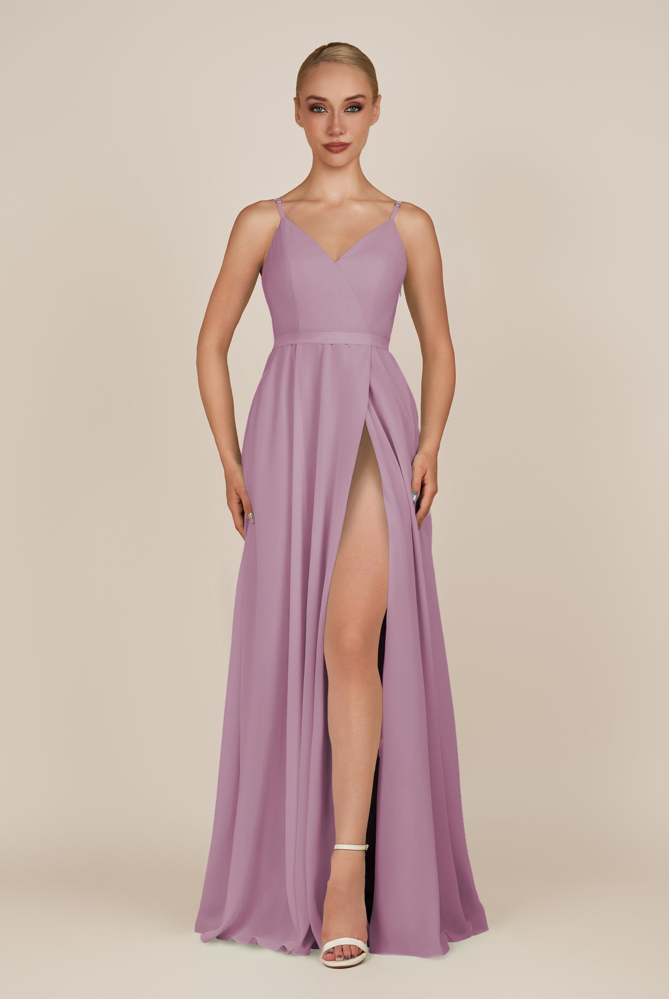 KissDress-Glenys Wisteria A Line V Neck Long Bridesmaid Dress with Slit