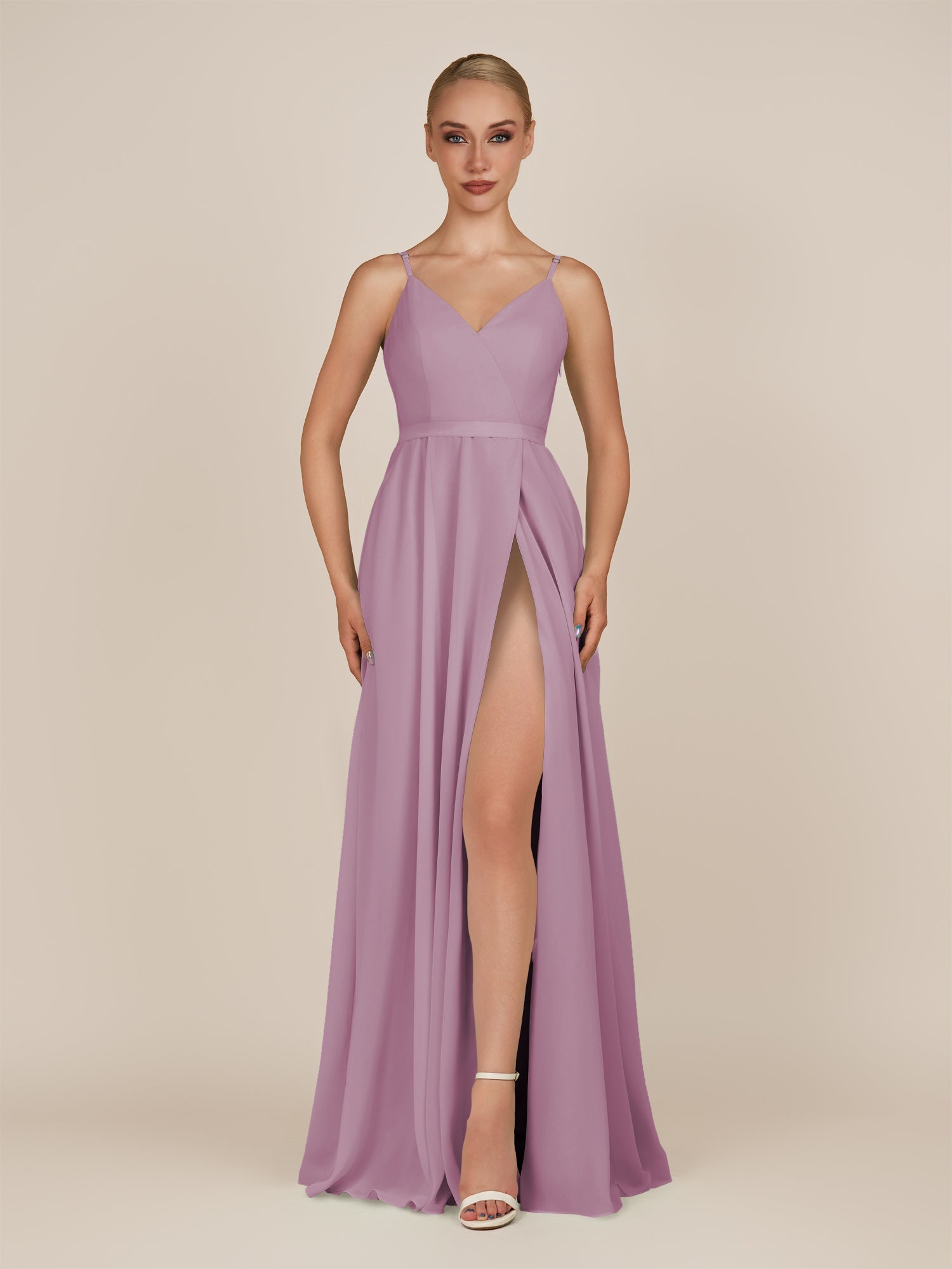 KissDress-Glenys Wisteria A Line V Neck Long Bridesmaid Dress with Slit