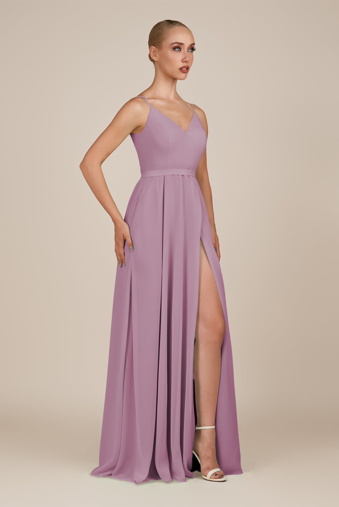 KissDress-Glenys Wisteria A Line V Neck Long Bridesmaid Dress with Slit