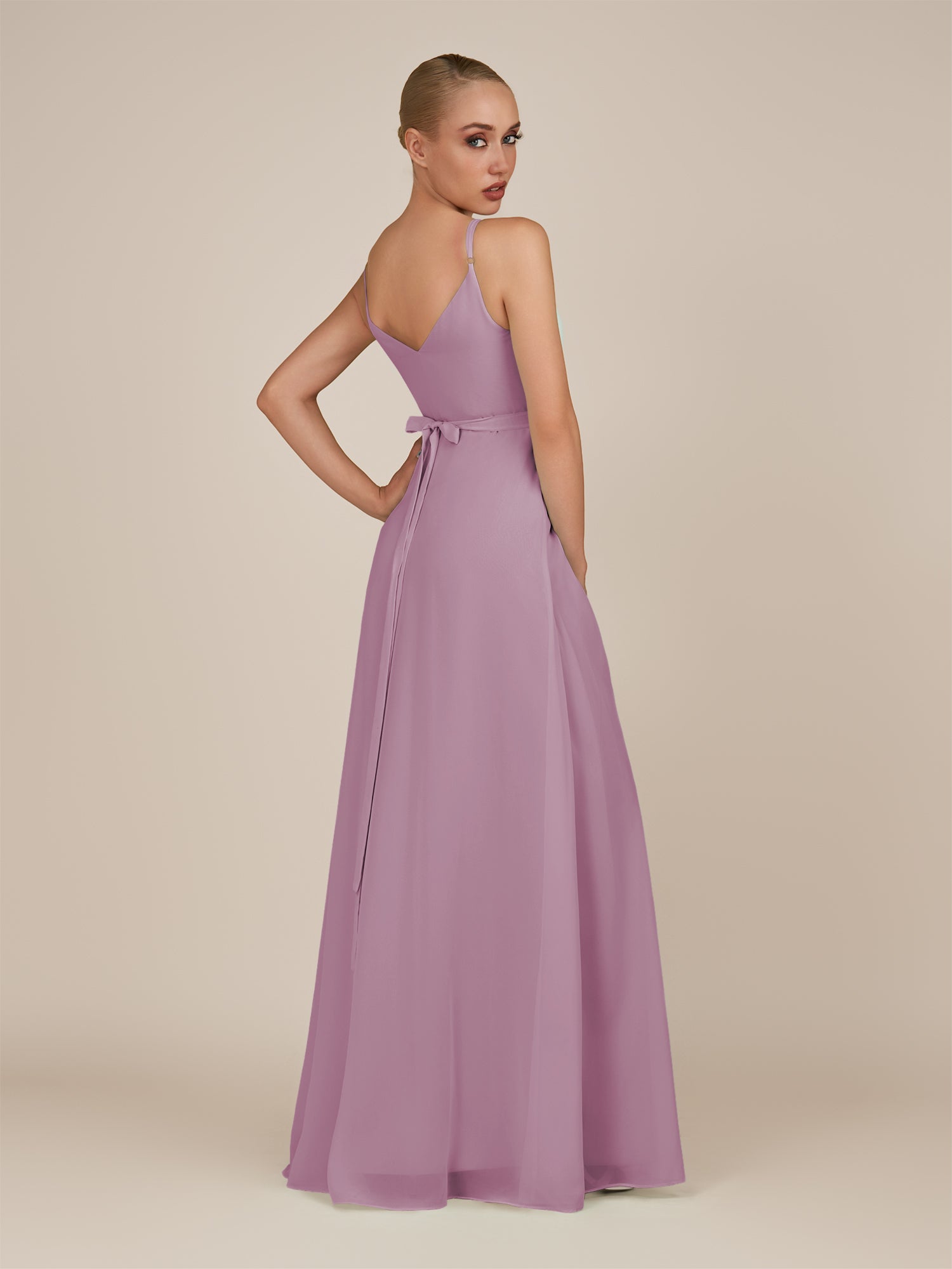 KissDress-Glenys Wisteria A Line V Neck Long Bridesmaid Dress with Slit