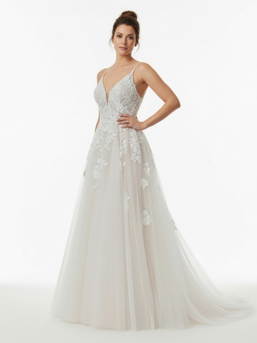KissDress-Dalia Glitter Ivory A-Line Spaghetti Straps Long Wedding Dress with Appliques