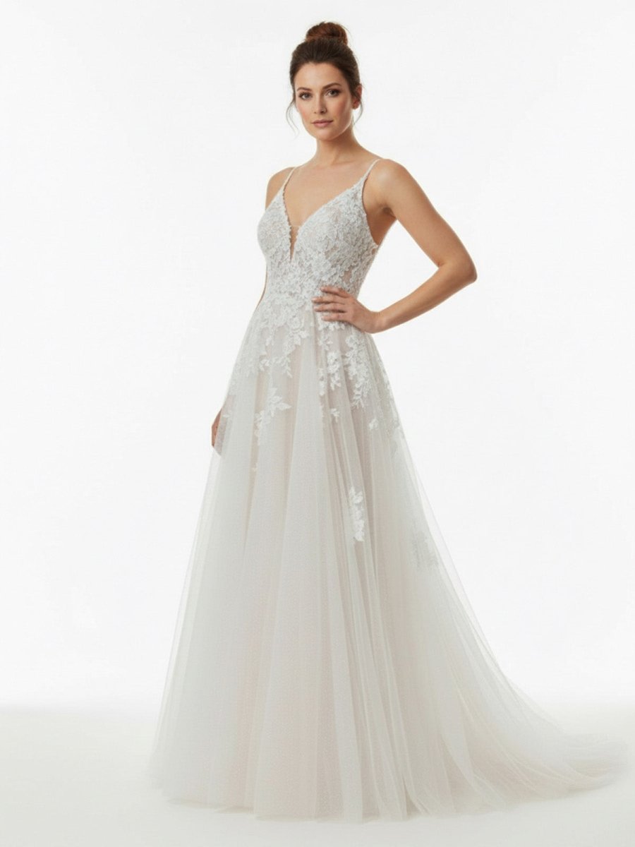 KissDress-Dalia Glitter Ivory A-Line Spaghetti Straps Long Wedding Dress with Appliques