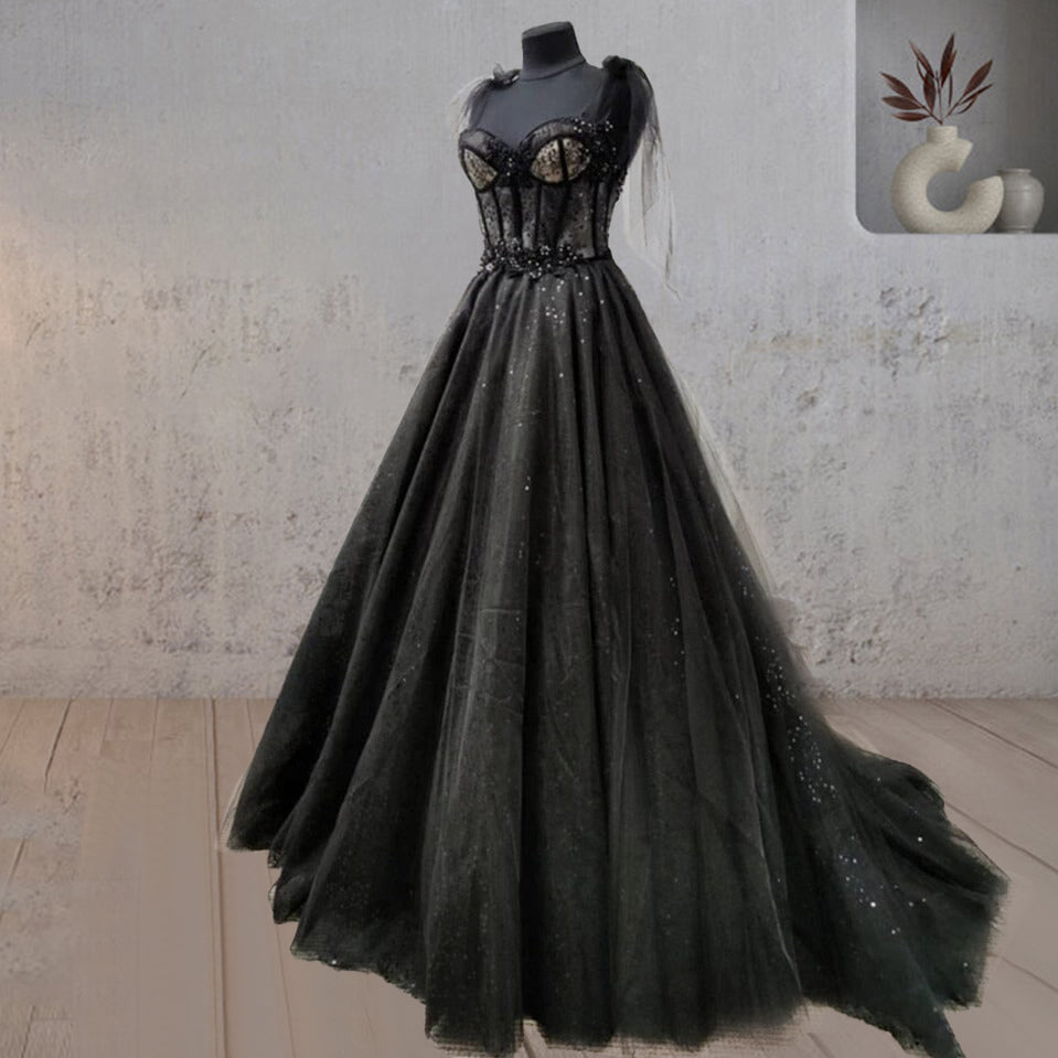 Glitter Lace Tulle Sweetheart Corset Court Black Wedding Dress