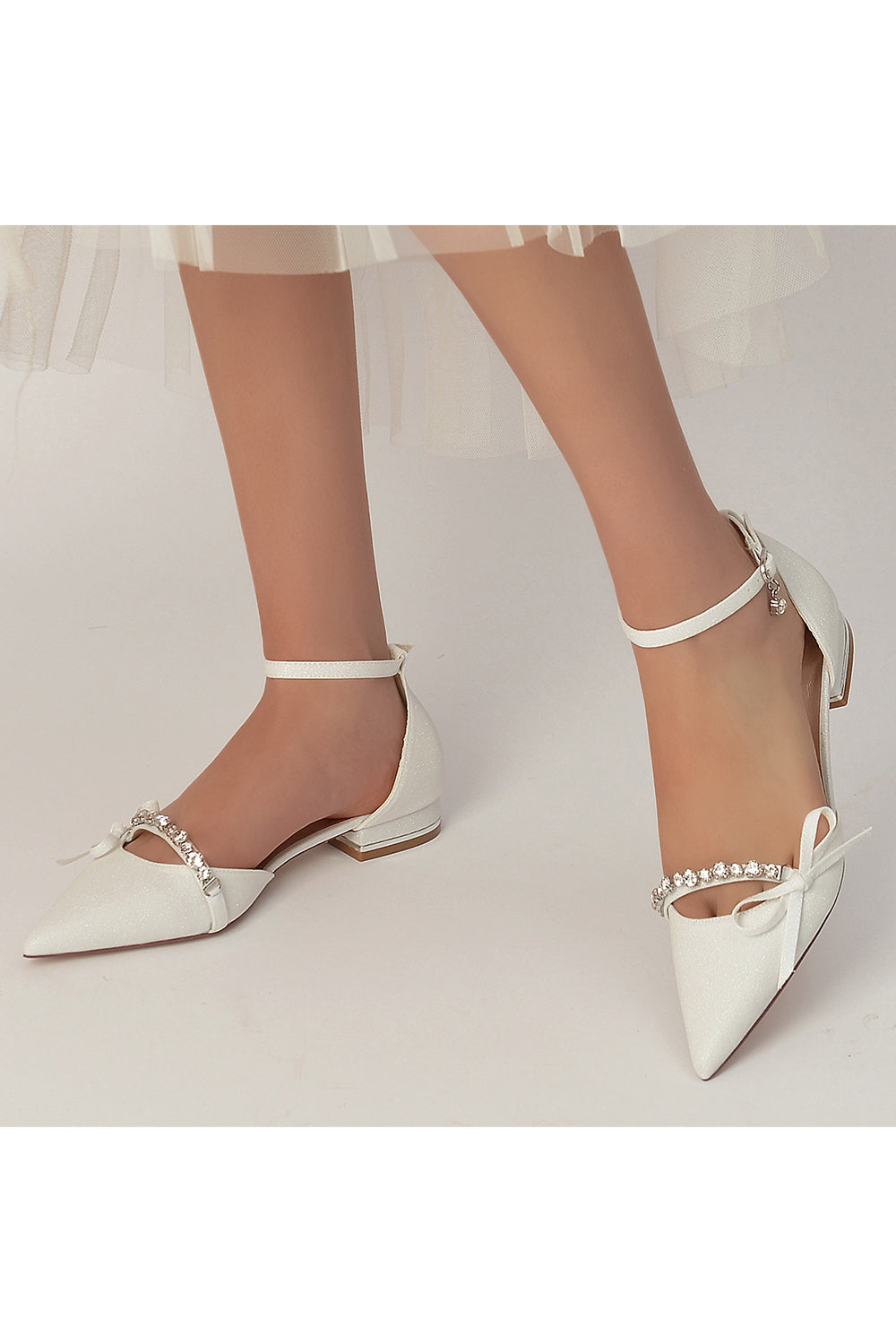 Glitter Pointed Toe Low Heels Wedding Shoes with Bow