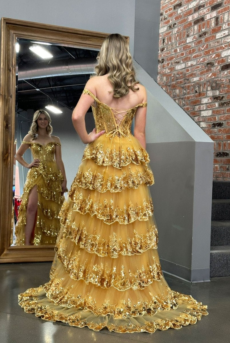 Princess A Line Off the Shoulder Corset Prom Dress with Lace Ruffles - KissProm