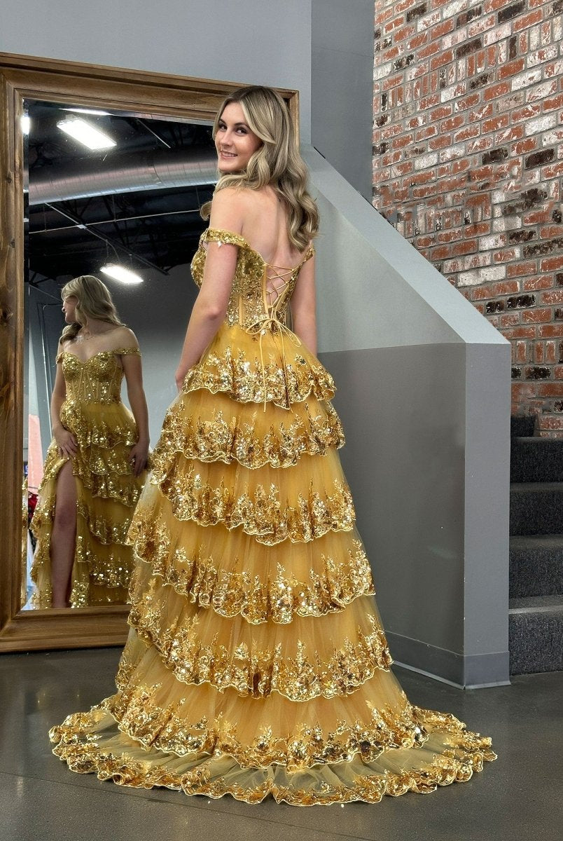 Princess A Line Off the Shoulder Corset Prom Dress with Lace Ruffles - KissProm