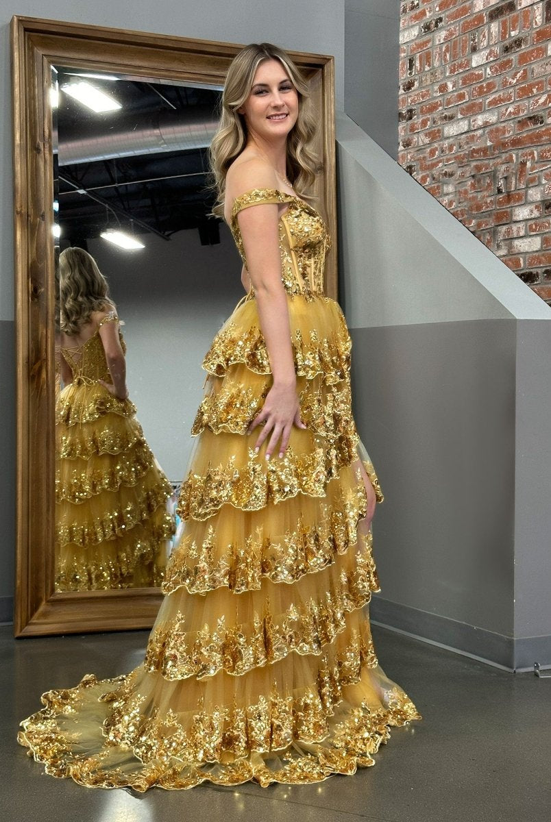 Princess A Line Off the Shoulder Corset Prom Dress with Lace Ruffles - KissProm