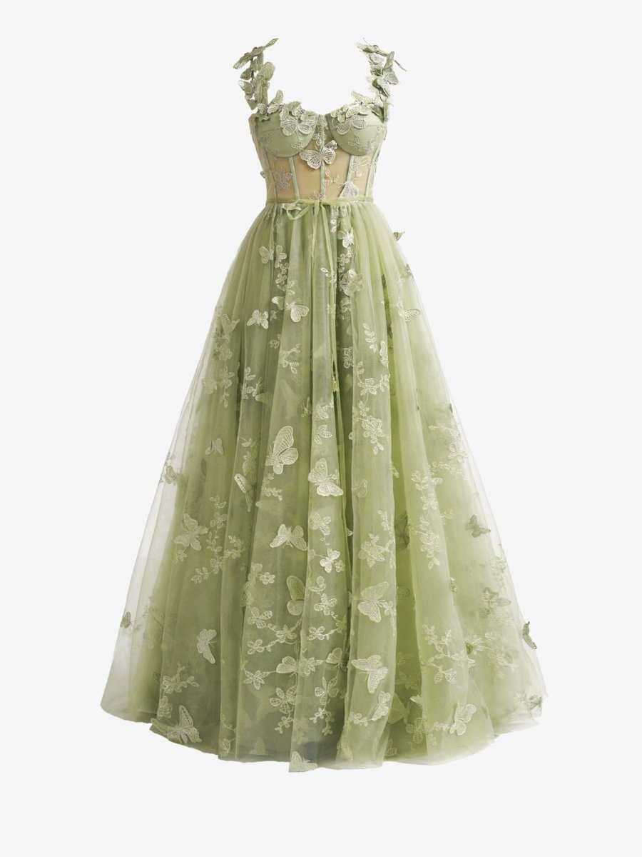 Green A - line Butterfly Lace Lilac Corset Prom Dress with Slit - KissProm