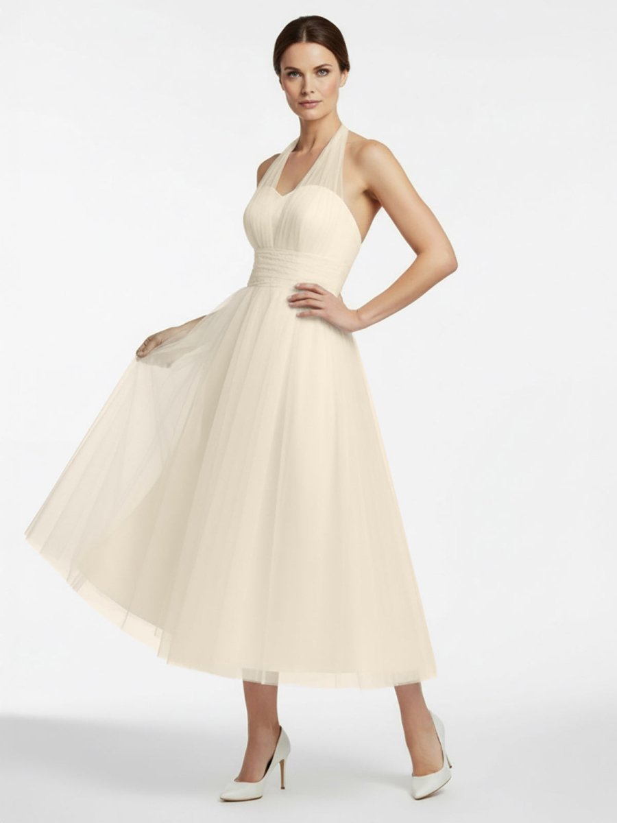 KissDress-Halter A-Line Short Tulle Wedding Dress With Ruching