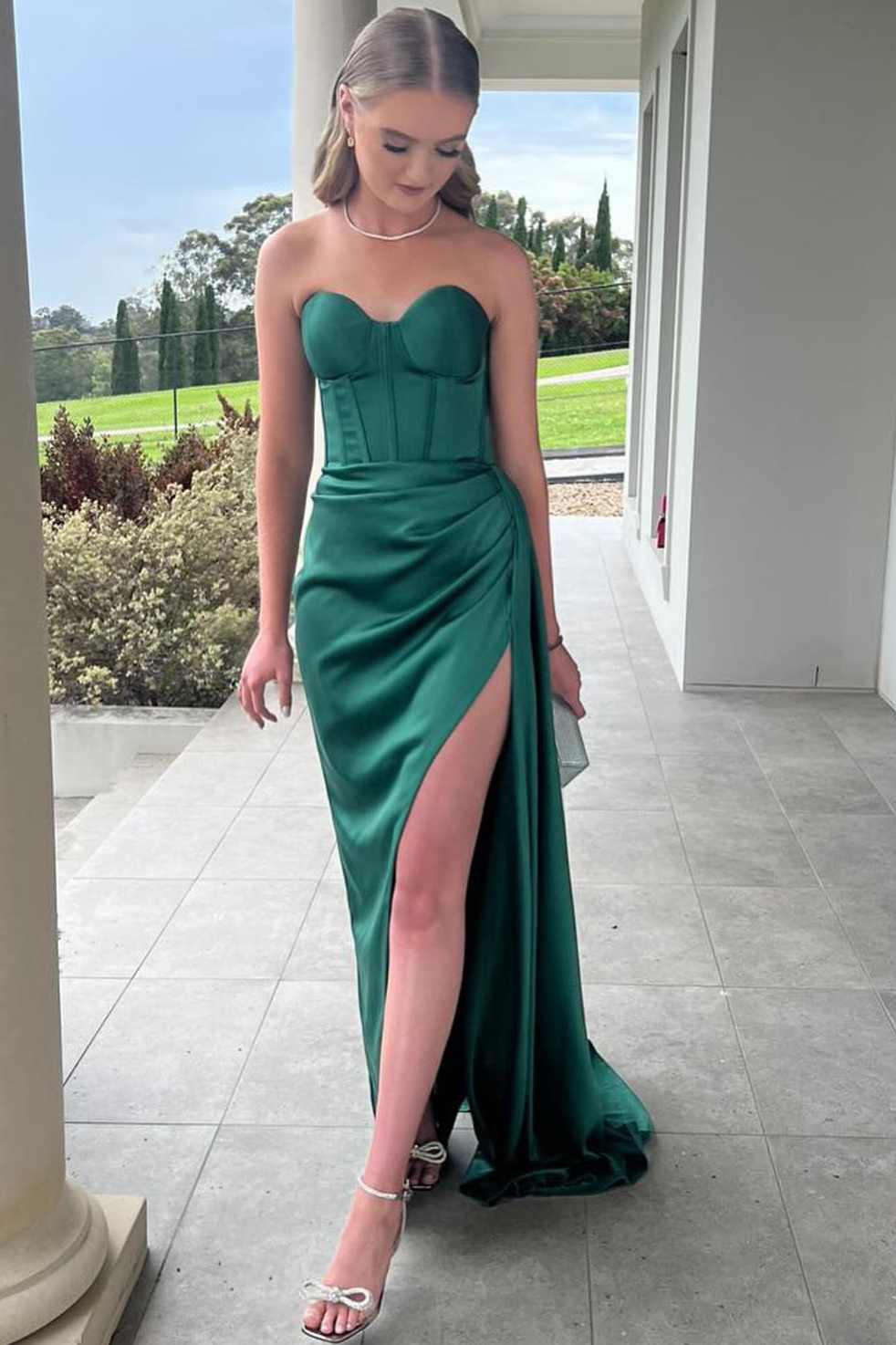 Mermaid Strapless Sweetheart Pleated High Slit Satin Long Prom Dress