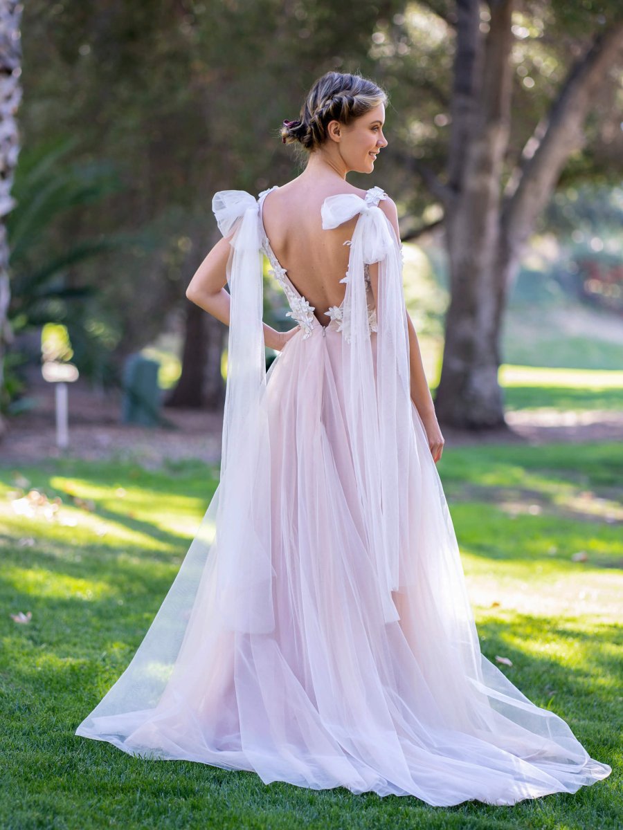 V - neck Lace Tulle Bow Straps Sweep Train Prom Dress - KissProm