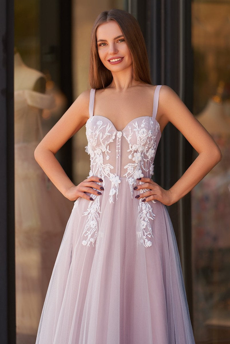 Felicity |Lavender A - line Sweetheart Neckline Tulle Sweep Train Prom Dress - KissProm