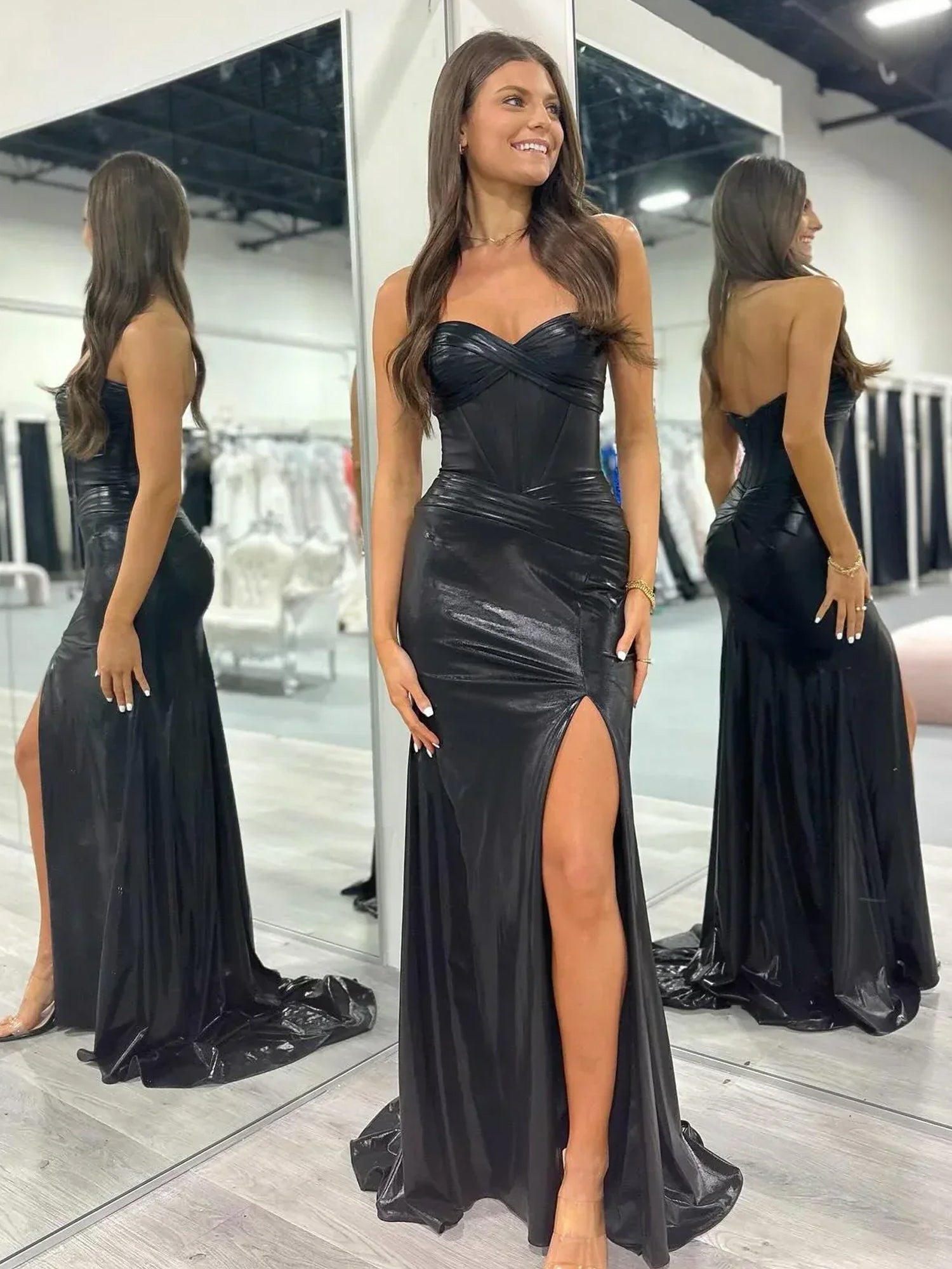 Mermaid Sweetheart Strapless Metallic Empire Prom Dress With Side Slit