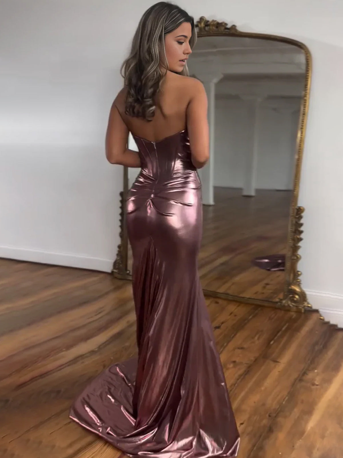 Mermaid Sweetheart Strapless Metallic Empire Prom Dress With Side Slit